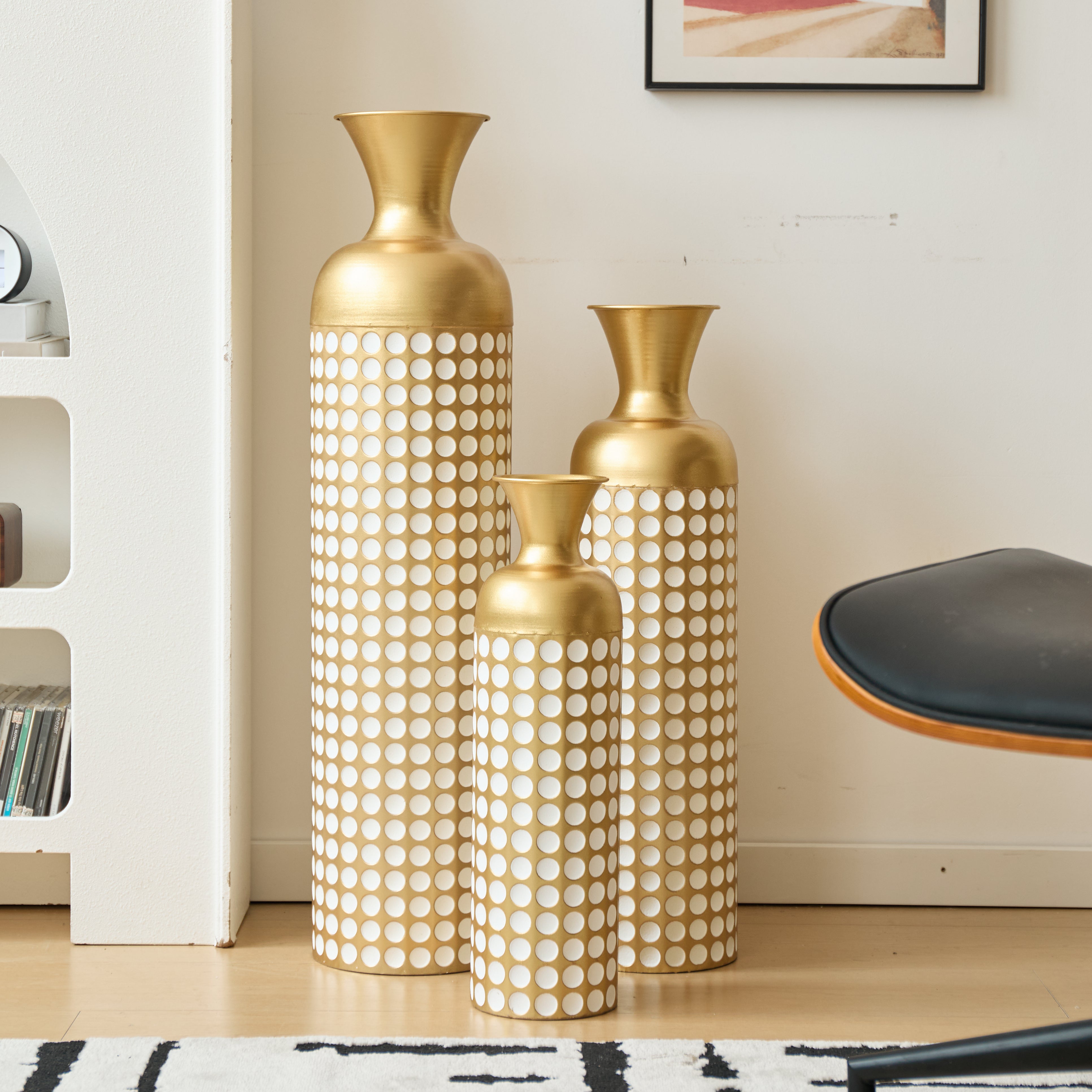 Bodenvase Set, 3 hohe Retro-Vasen 83/65/50cm, dekorativ Metall Antikgold