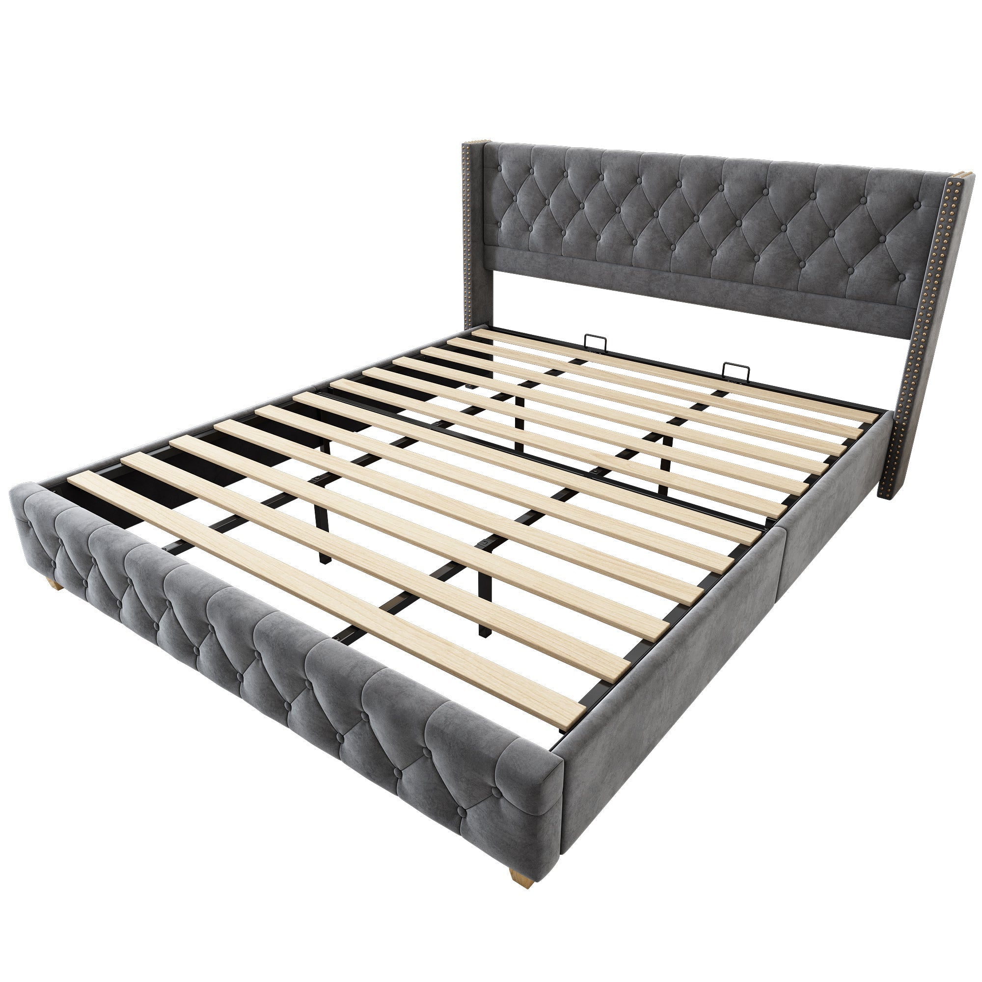 Upholstered Bed 180x200cm Slatted Frame Headboard Button Studded Wooden Legs Velvet Grey