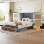 Wall Bed 140x200cm, Slatted Frame, Storage Drawers, Rattan Design, Grey