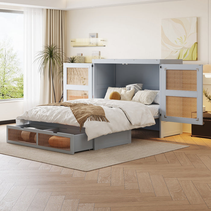 Wall Bed 140x200cm, Slatted Frame, Storage Drawers, Rattan Design, Grey