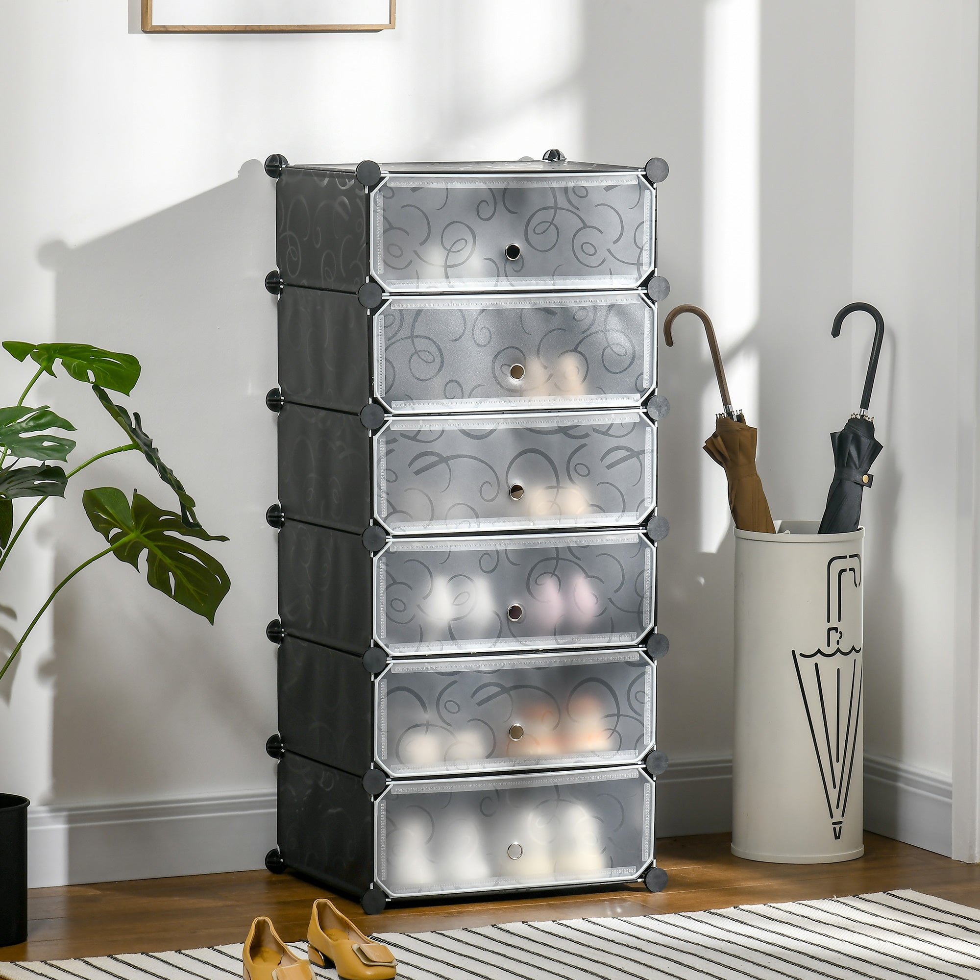 Schuhregal Aufbewahrungsbox, DIY-Regaleinheit für 6 Paar, Kunststoff/Stahl, Schwarz+Weiß
