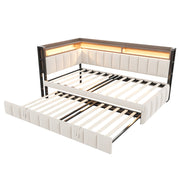 Upholstered Sofa Bed with Pull-out Bed, LED Lighting, Storage and USB Ports, 90x200cm, Beige Velvet