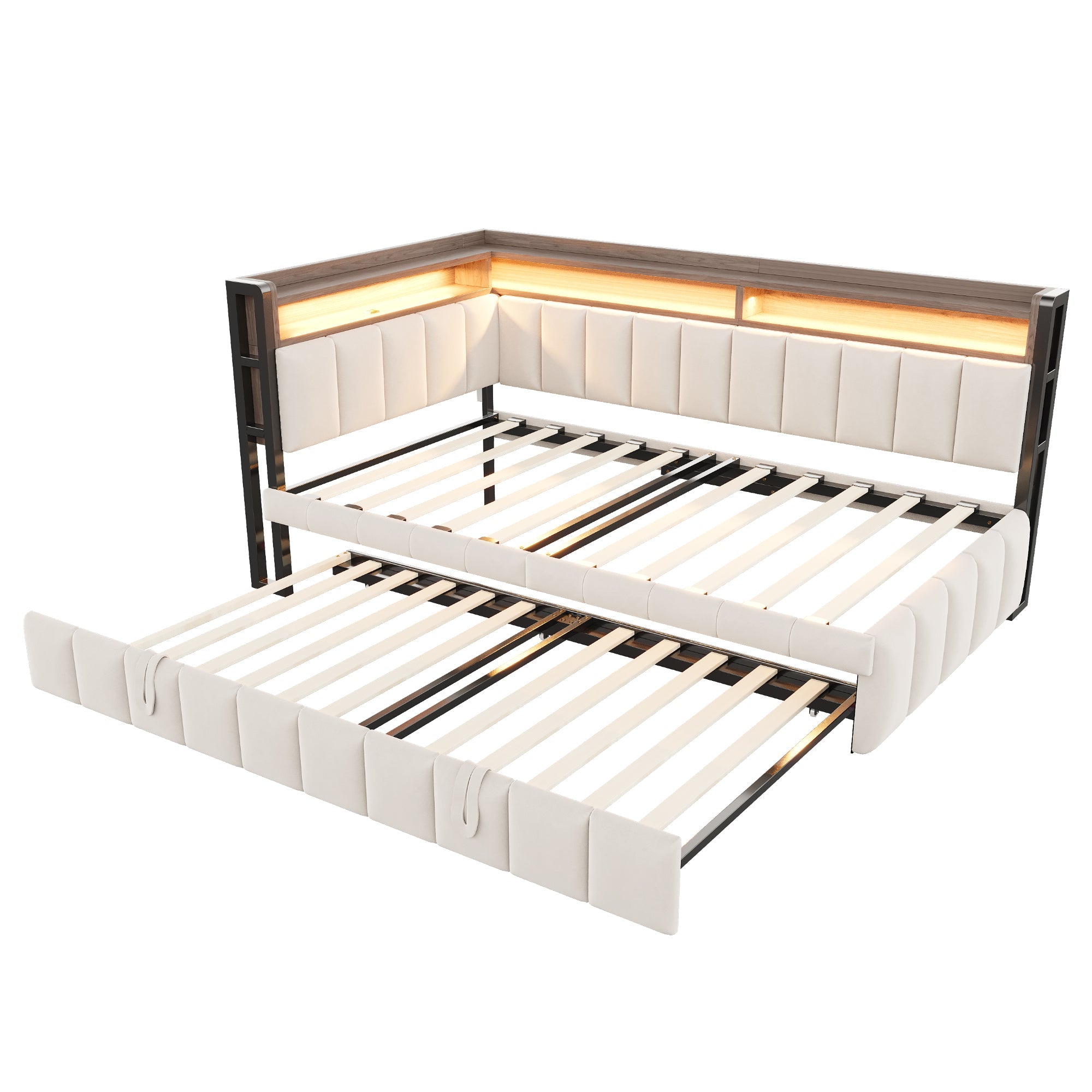 Upholstered Sofa Bed with Pull-out Bed, LED Lighting, Storage and USB Ports, 90x200cm, Beige Velvet
