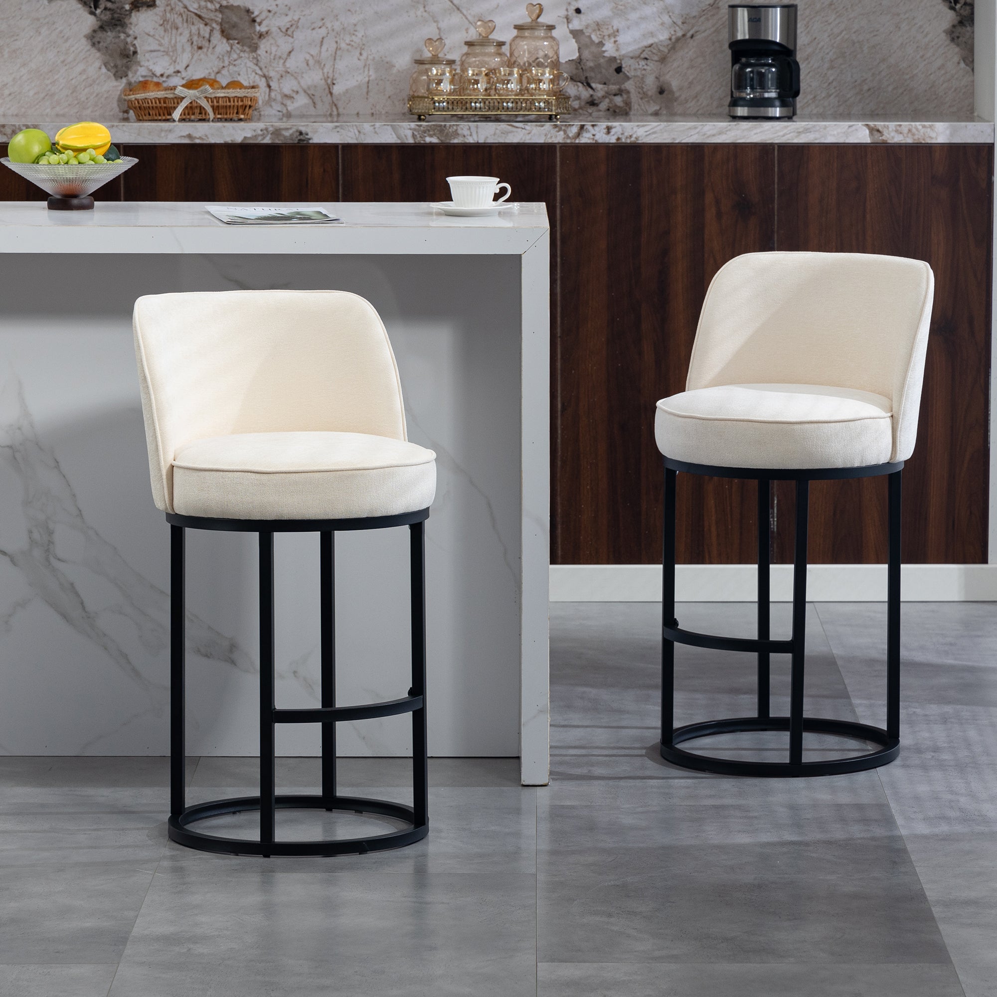 Modern Bar Stools with Ergonomic Backrest and Metal Legs, Set of 2, Linen