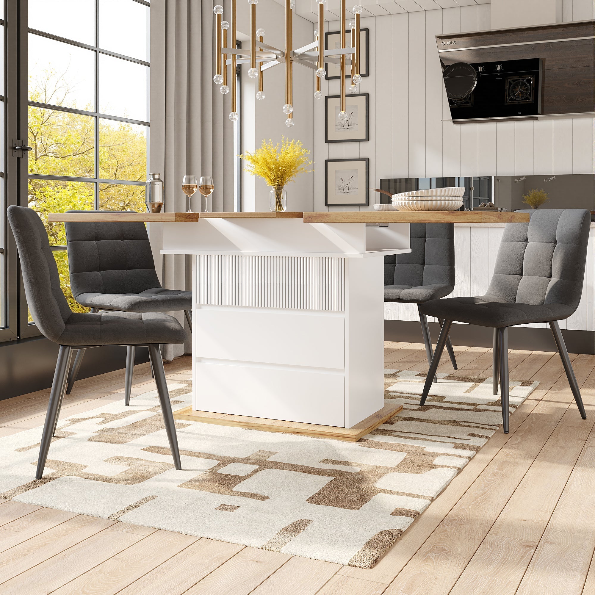 Extendable Telescopic Dining Table with Three Shelves for 4-6 People, White