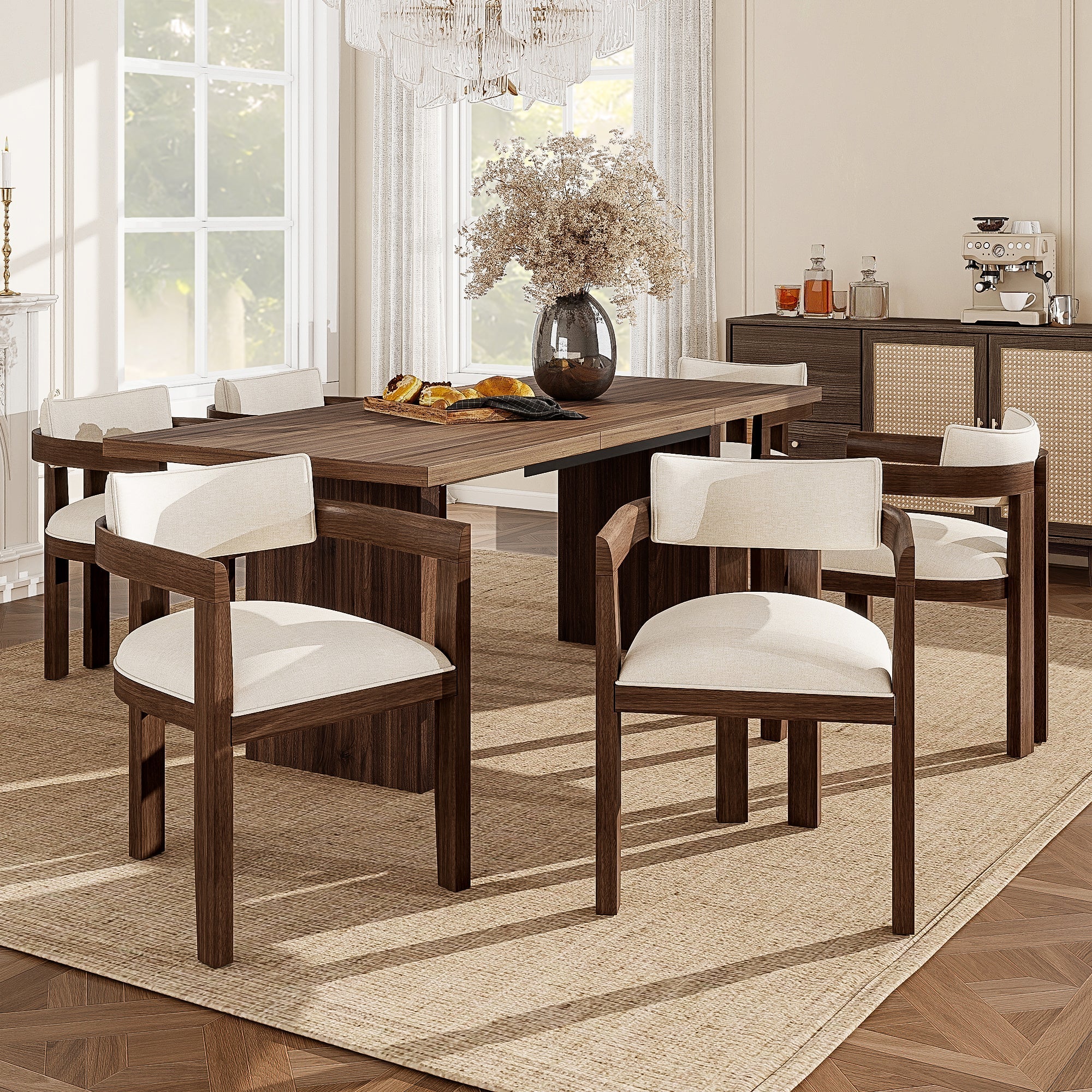 4 Solid Wood Dining Chairs Modern Style Linen Seat Walnut Wood Color