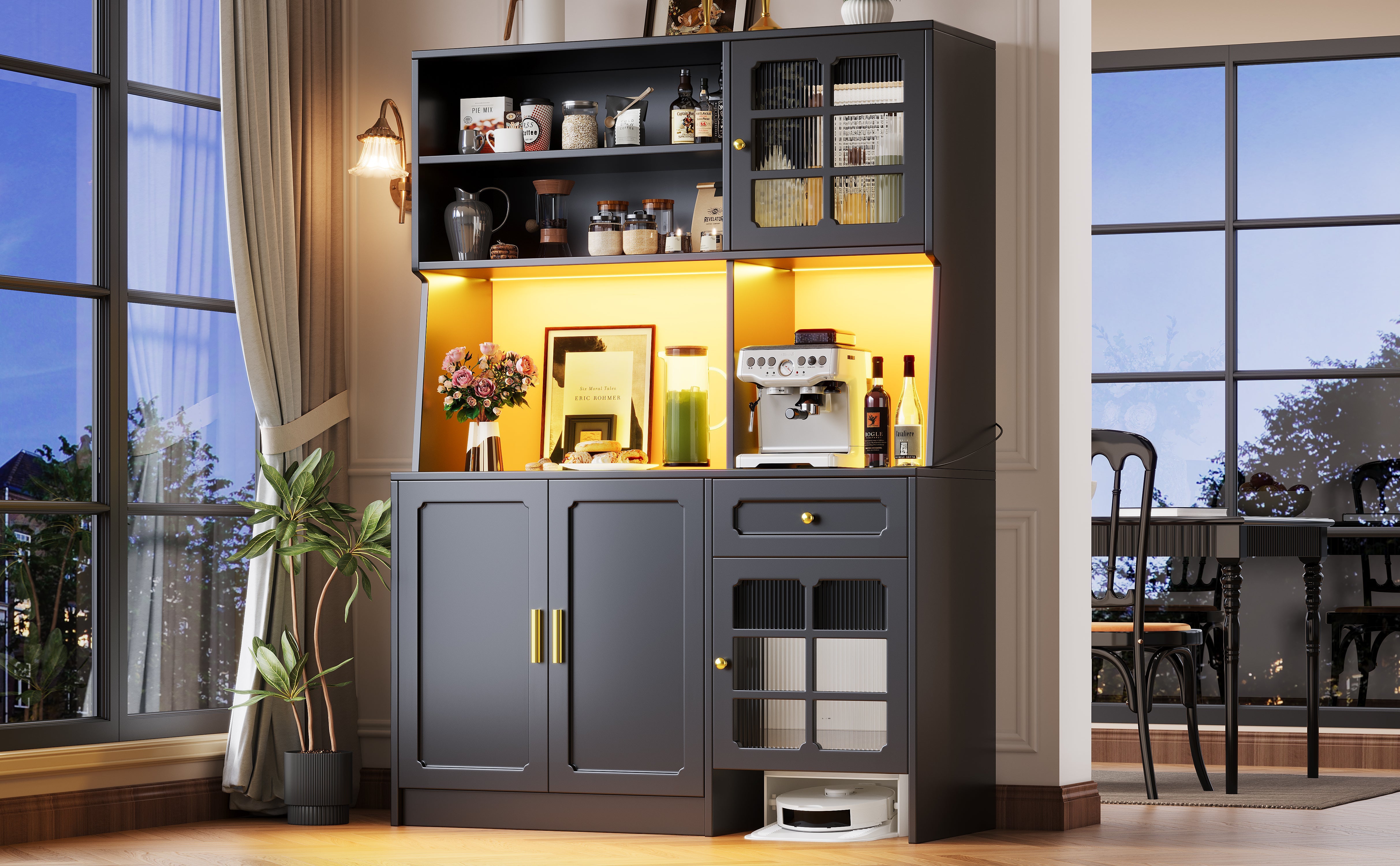 Tall Kitchen Cabinet Sideboard with Glass Doors and LED Lighting, Black