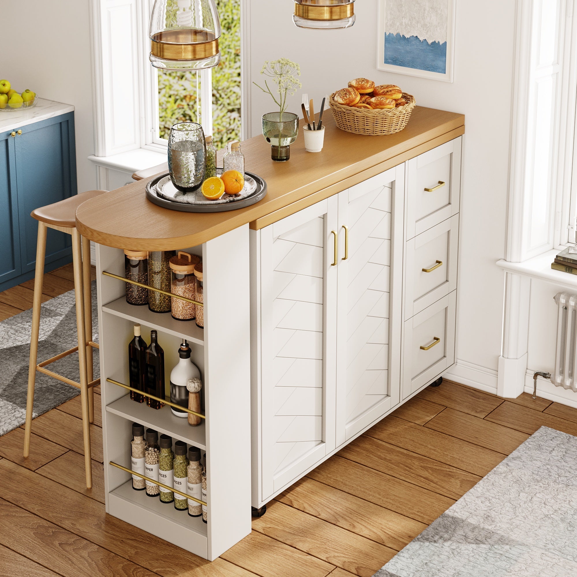Extendable Bar Cart 2 Doors 3 Drawers Rolling Worktop White/Black Wood Look