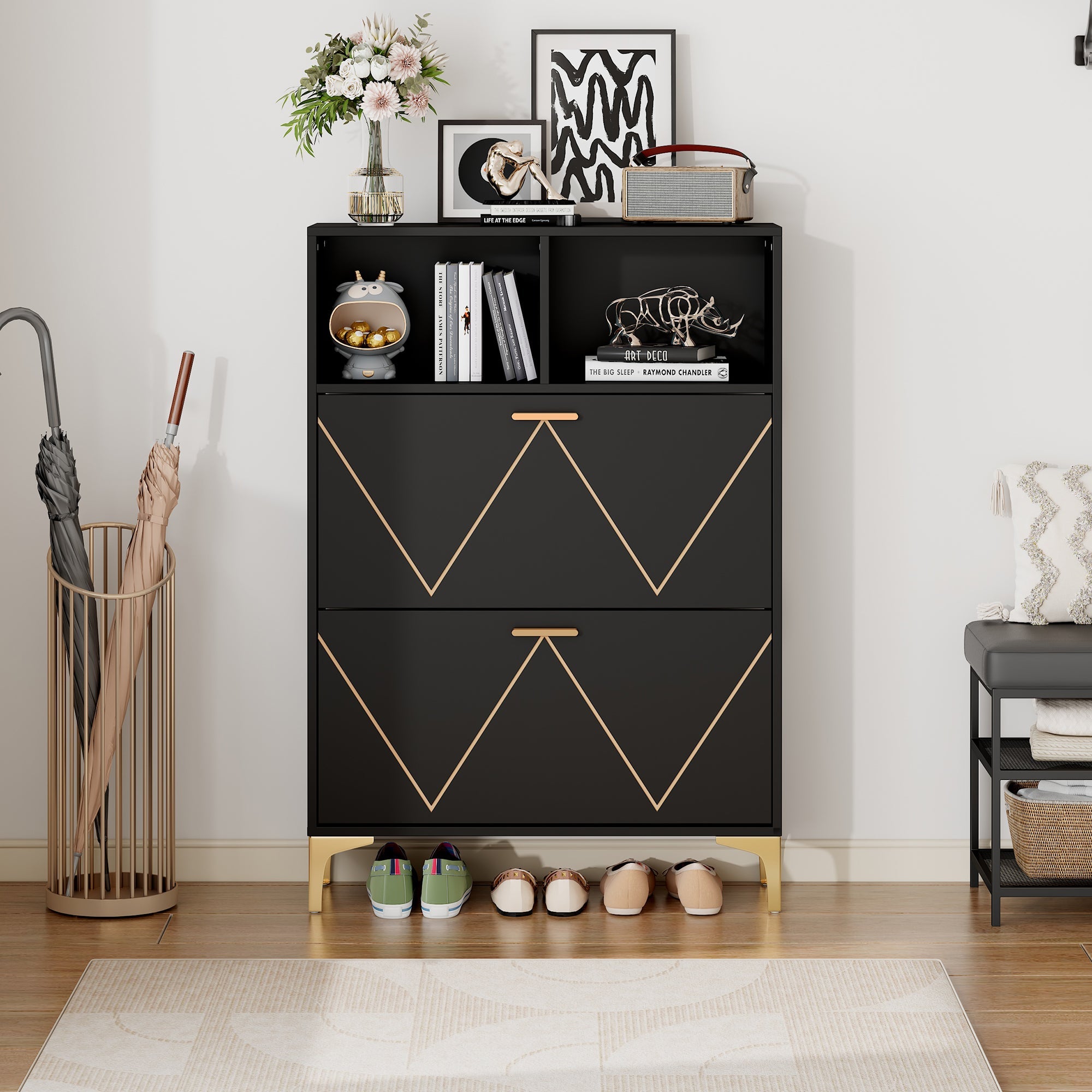 Shoe Cabinet 80x25x117cm Drop-Down Doors Storage Shelves Raised Legs, MDF+Metal