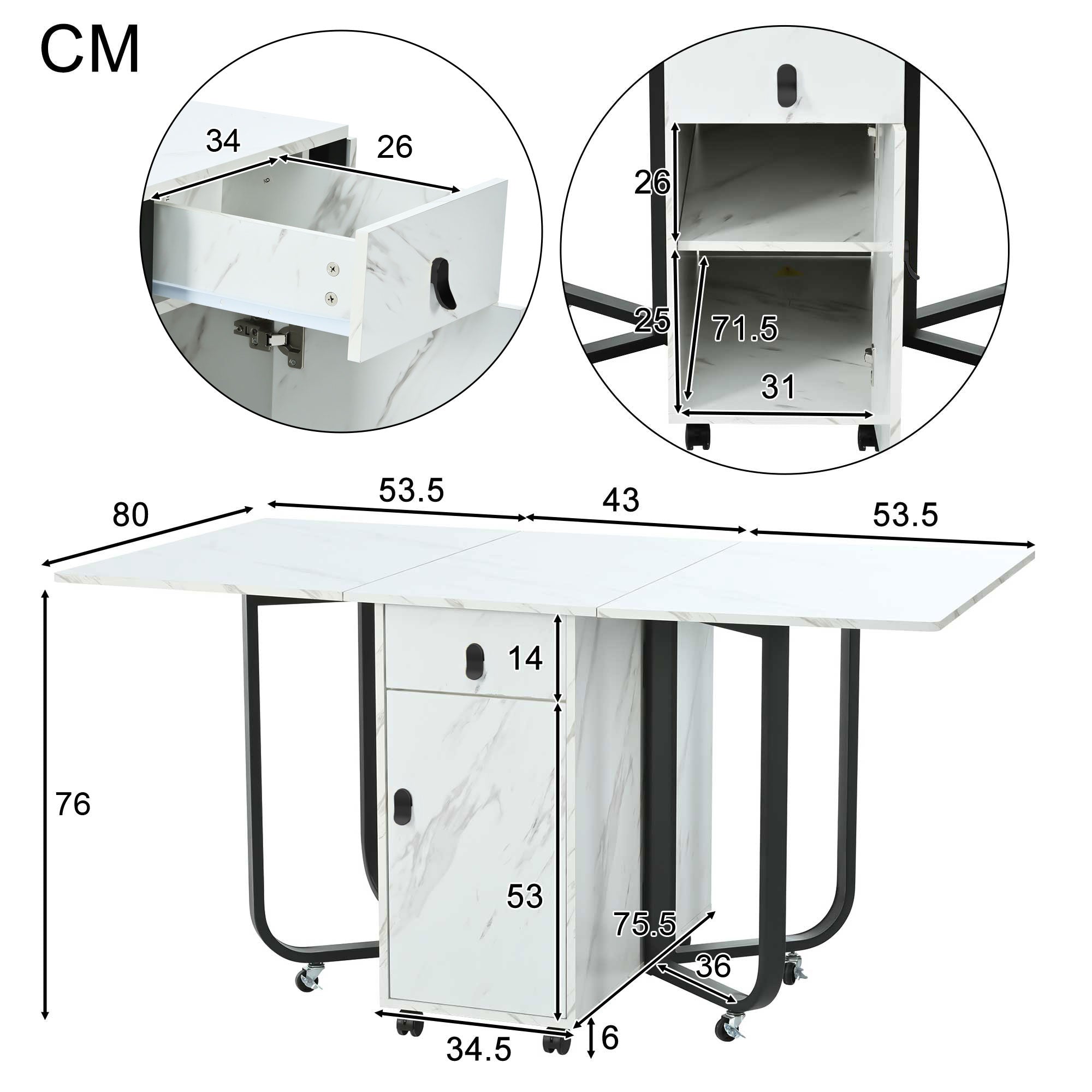 Folding Dining Table, Space-Saving with Cabinet and 2 Drawers, White/Black