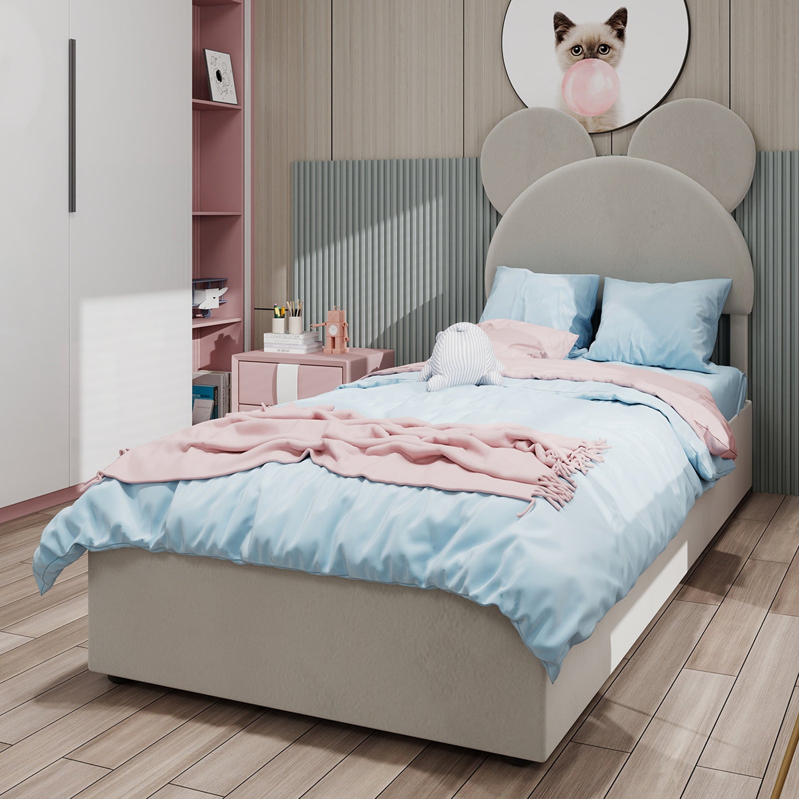 Modern Minimalist Upholstered Bed, Soft Cartoon-Design Headboard, Storage Base, Beige