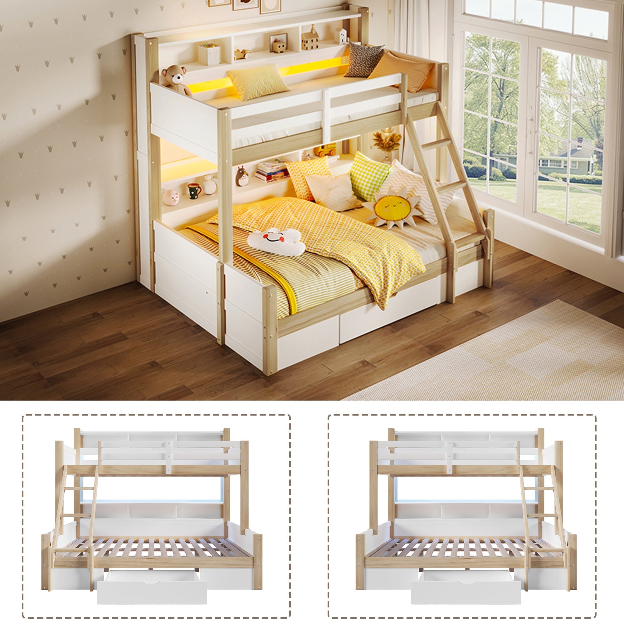 Bunk Bed with Storage Compartments, 1 Drawer and LED Light, 90x200cm + 140x200cm, White and Natural