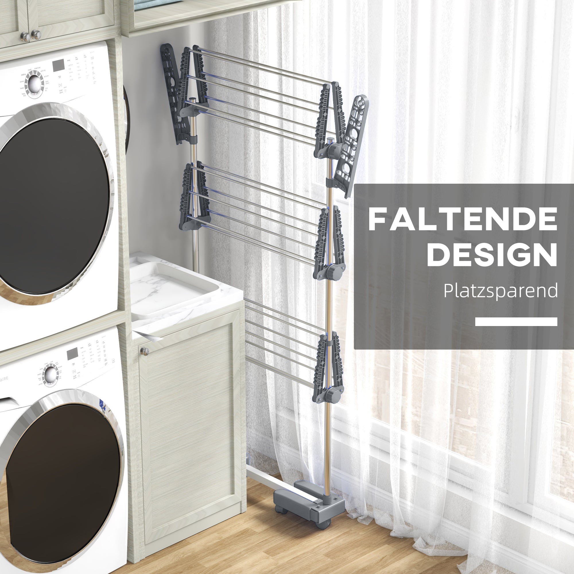 Clothes dryer tower, 3 levels foldable with side wings, steel gray