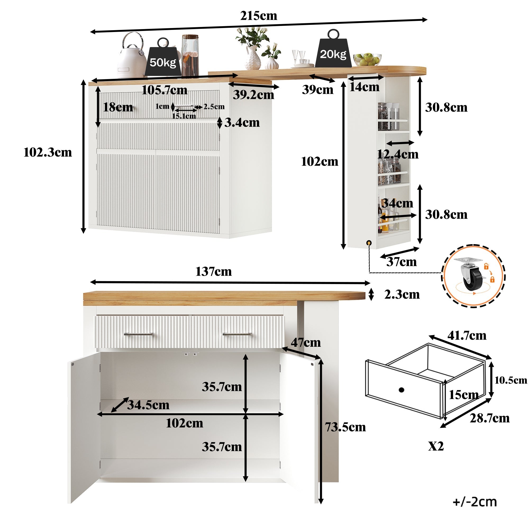 Extendable Bar Table Telescopic Movable Storage Drawer Shelves - White