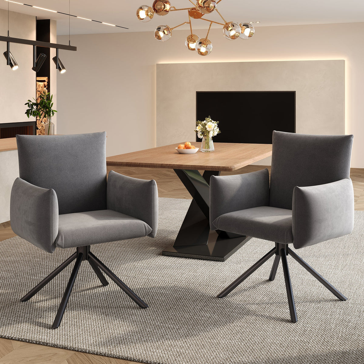 Set of 6 Dining Chairs Upholstered 360° Swivel Lumbar Support - Velvet Grey