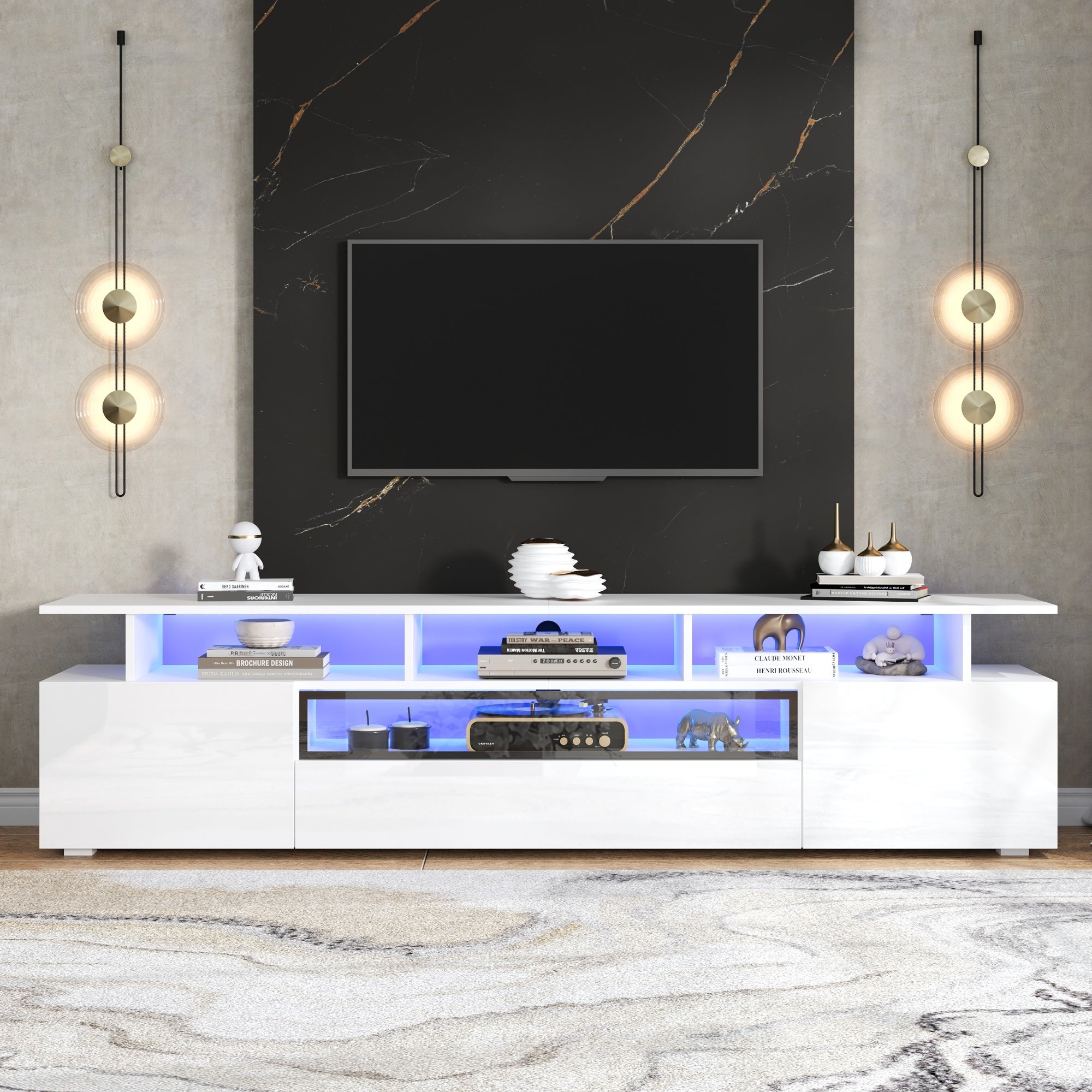 TV Cabinet, 180x38x45cm High-Gloss with 2 Cabinets, 1 Drawer, LED, for 75-inch TVs