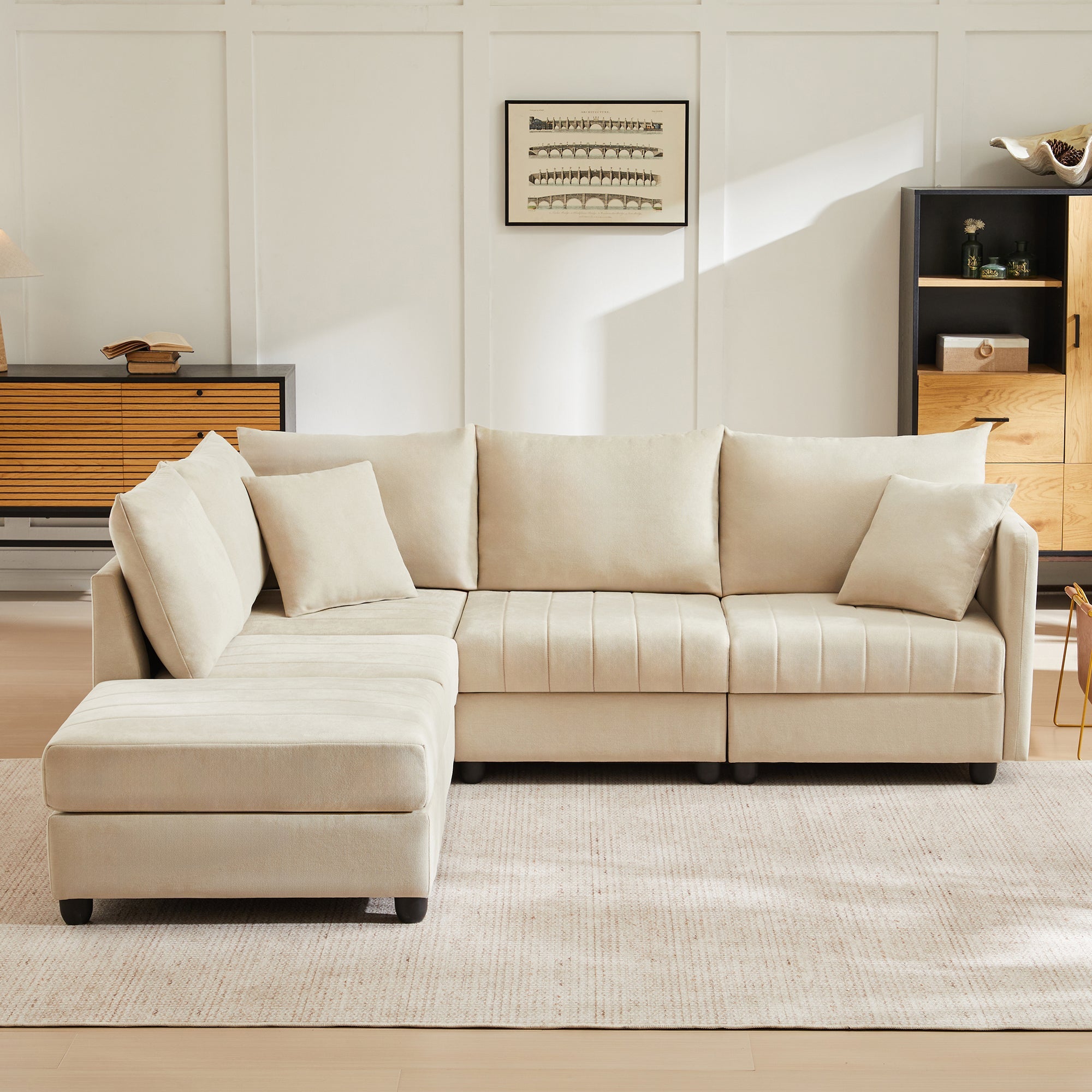 Modular Corner Sofa 5-Seater L/U-Shaped with Convertible Footstool