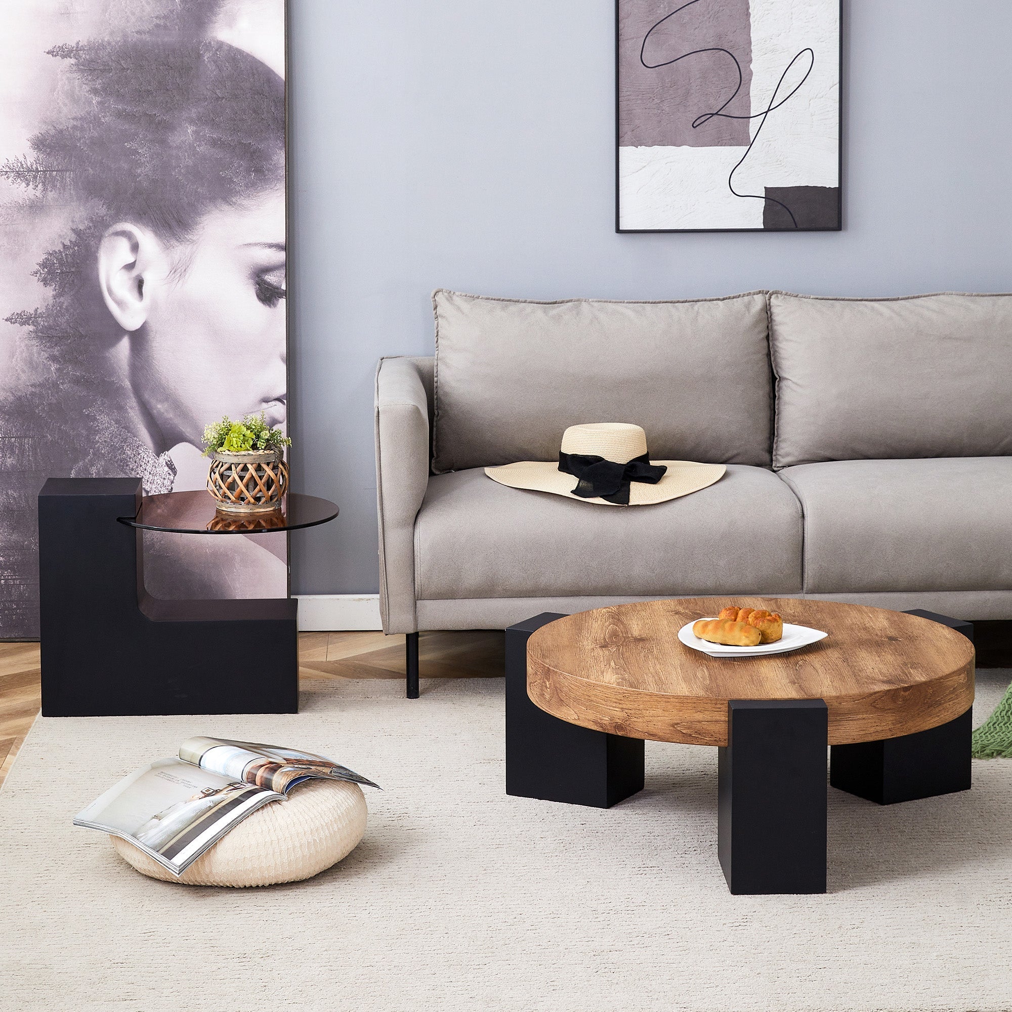 Round Coffee Table Two-Tier Detachable Transparent Brown Glass Top Black MDF Legs