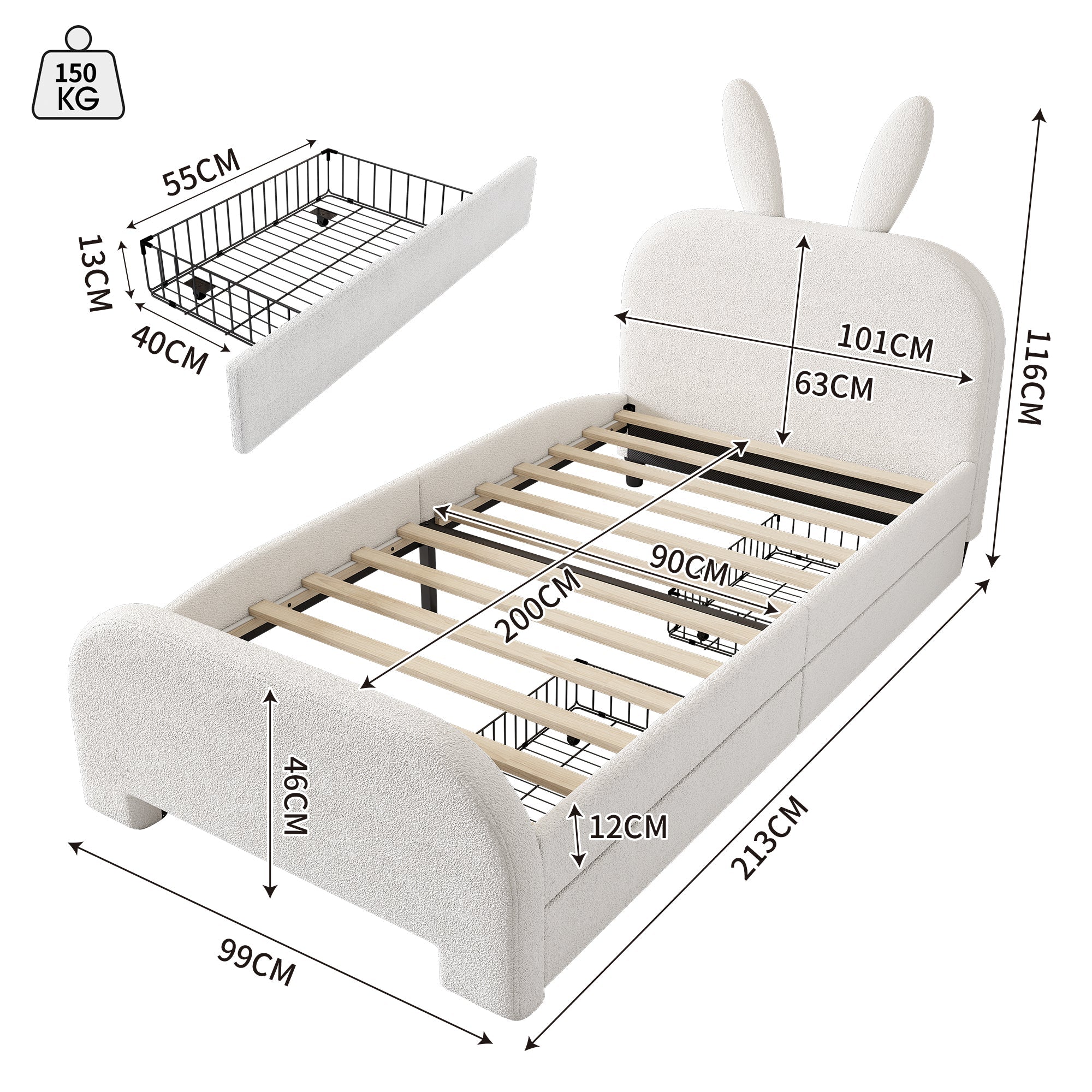 Flat Bed 90x200cm Padded Rabbit Shape 2 Drawers - White
