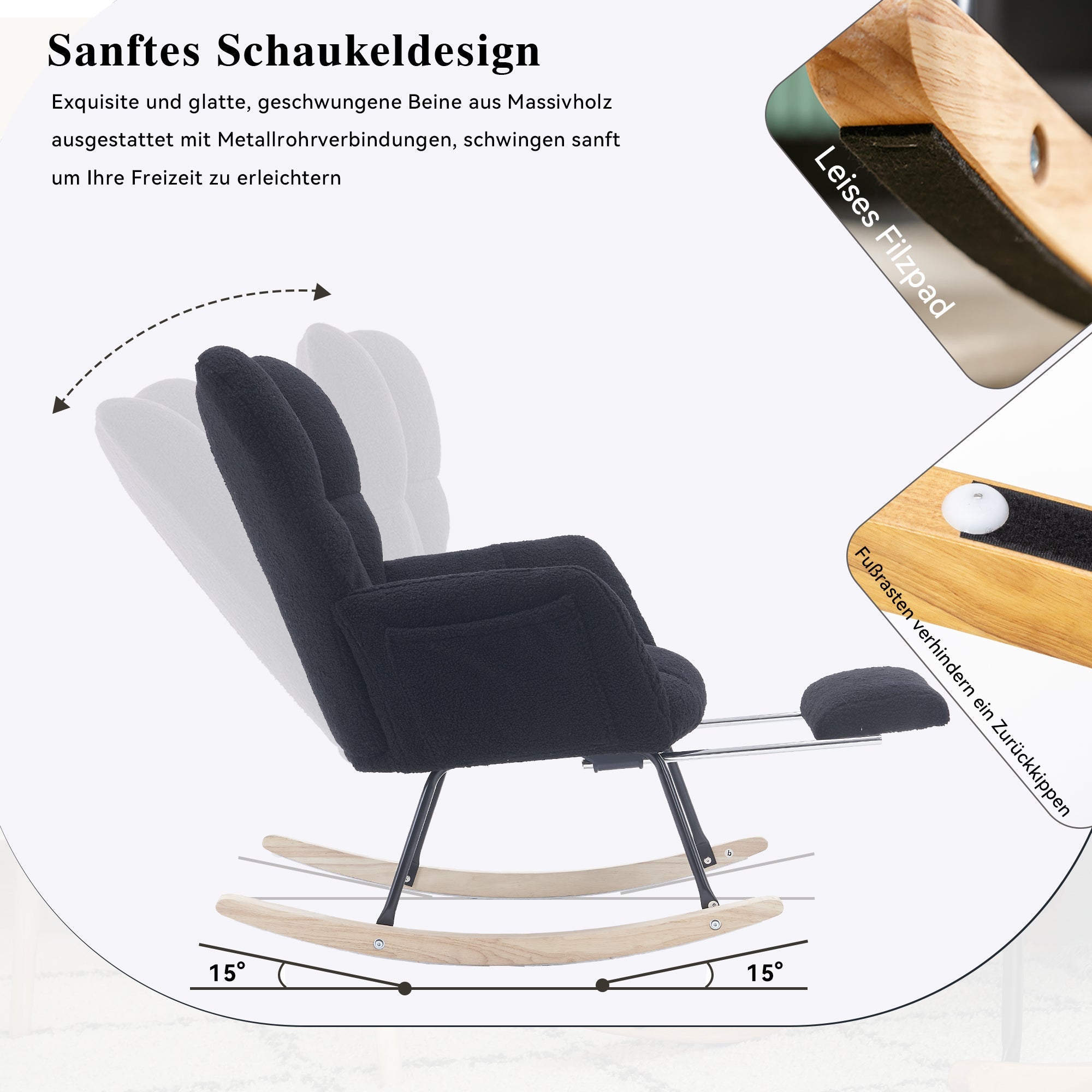 Modern Rocking Chair, Upholstered with Extendable Footrest, Black Teddy Taffeta
