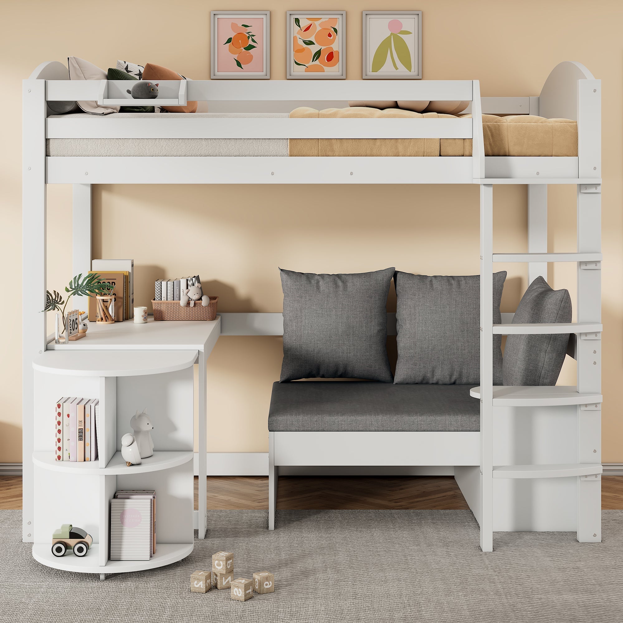 Multifunctional Children's Bunk Bed with Pull-out Table, Sofa with Storage and Three Cushions, 90x200cm, White Solid Wood