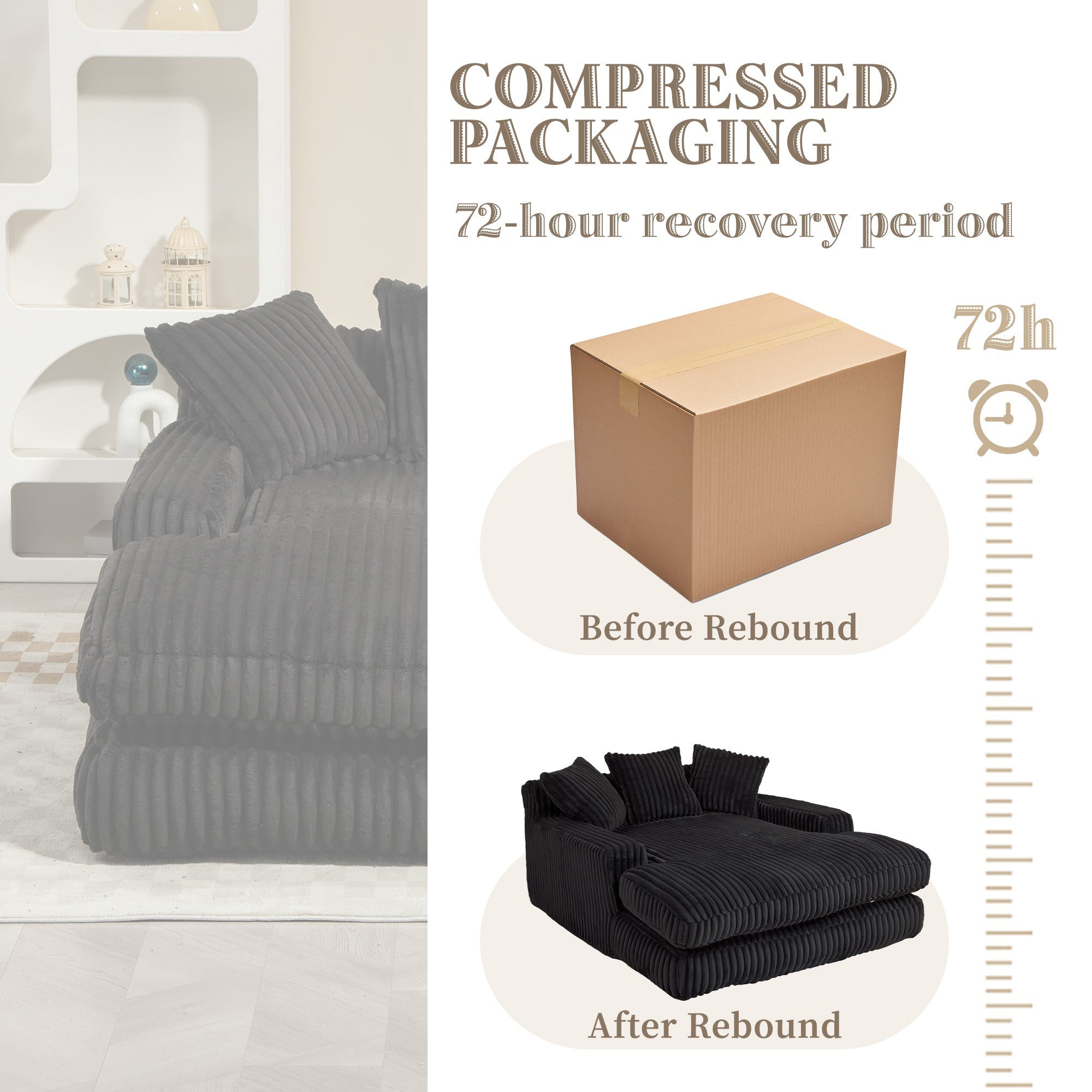 GOMYWAY Chaise Lounge Sofa Sleeper Chair with 3 Throw Pillows, Black Corduroy