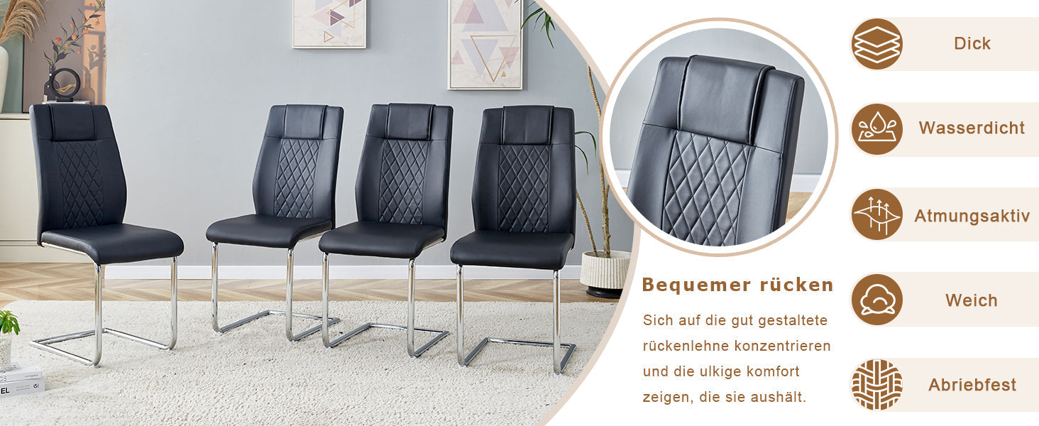 Dining Chair Set of 4 Nordic Style Mesh Stitching Silver Metal Legs Black PU