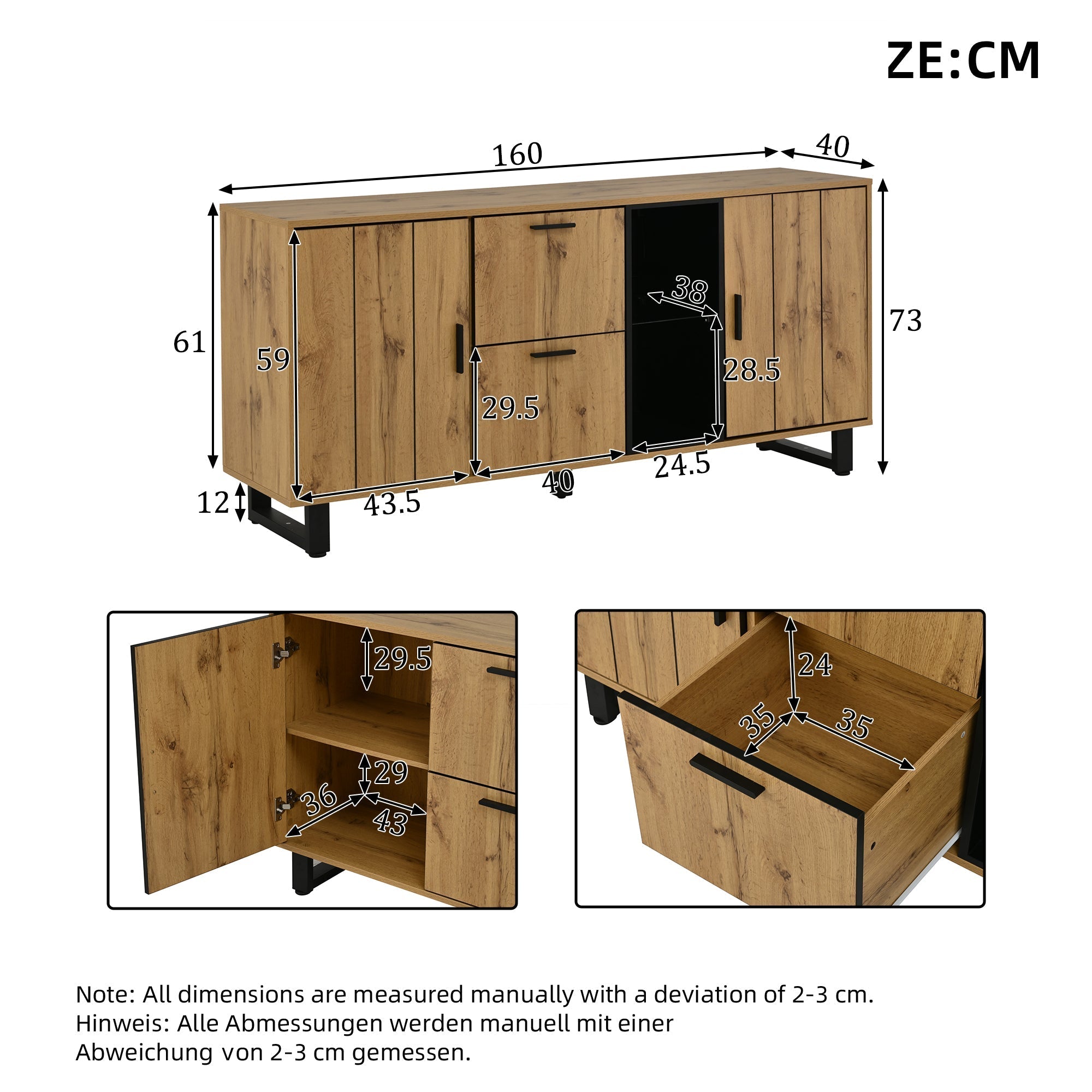 Sideboard 160cm Wide with 2 Drawers LED Light Strip Natural Wood/Black
