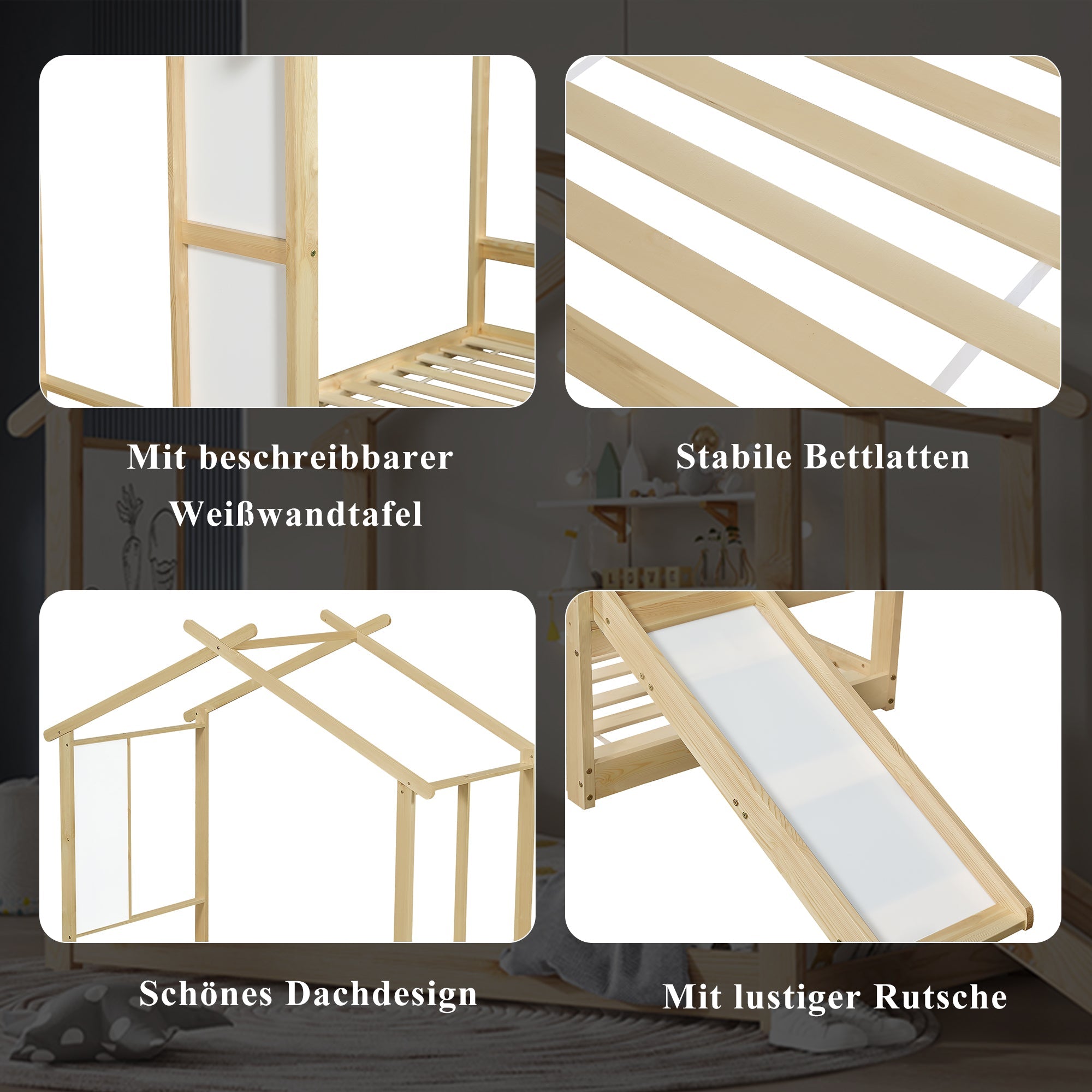 Wooden Bed, Single with Slide, Roof Design & Whiteboard, Pine + MDF + Plywood