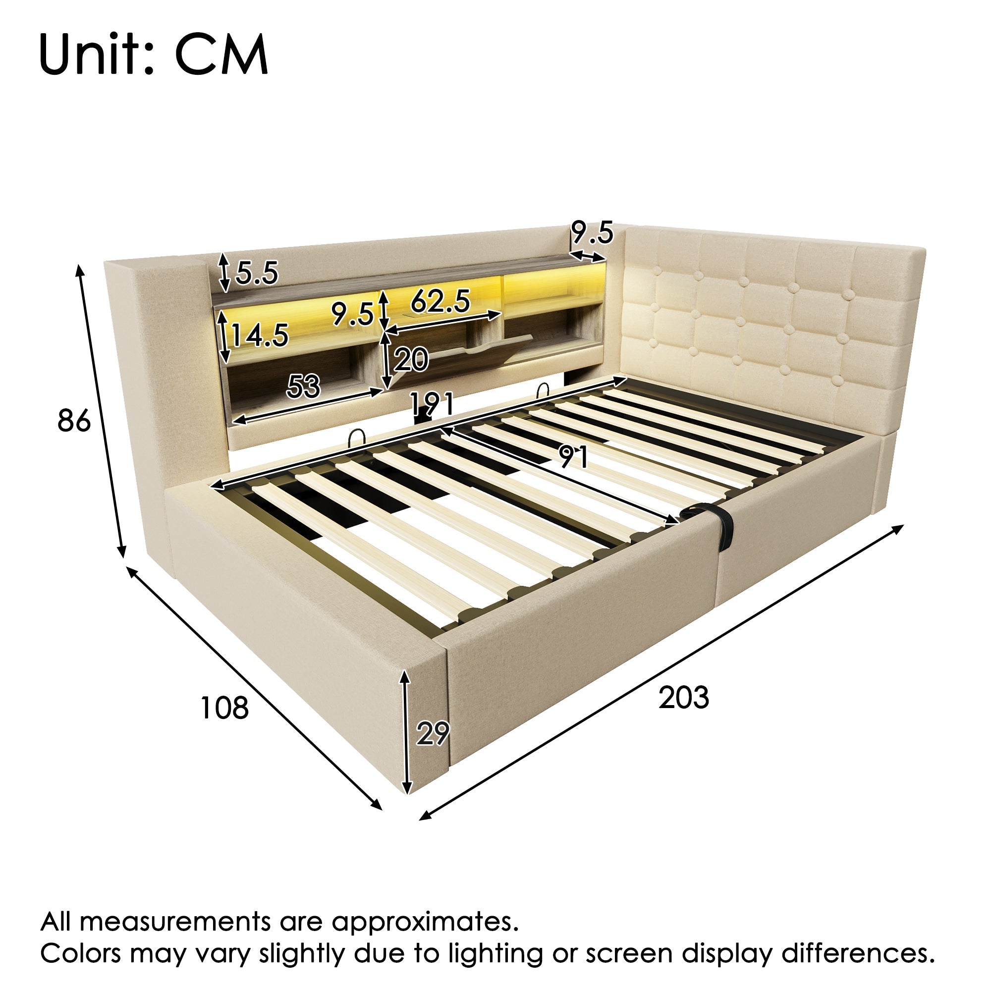 Upholstered Single Bed with LED, Hydraulic Storage and L-Shaped Headboard, 90x190cm, Beige Linen Fabric