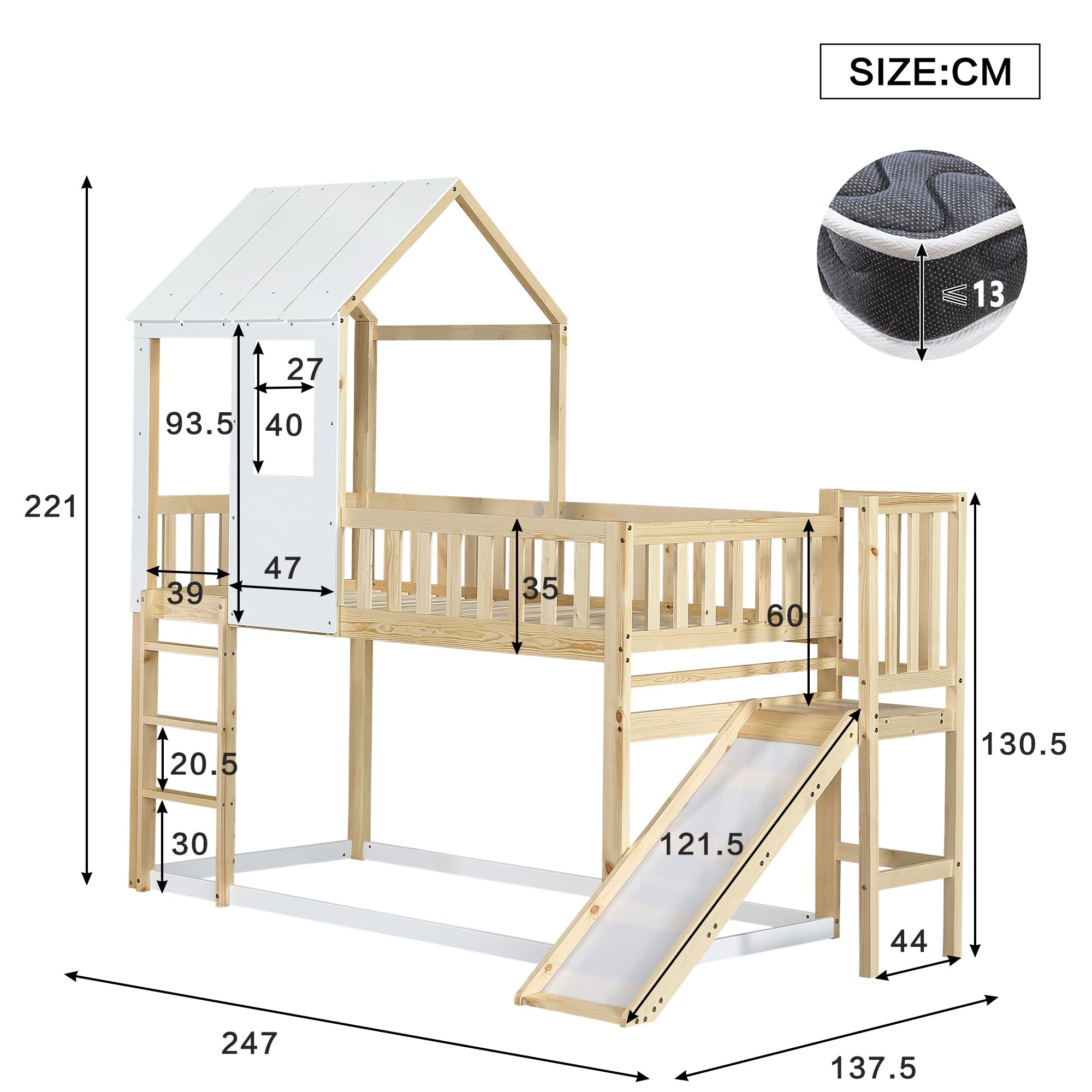 Bunk Bed with Ladder, Slide, Roof & Window, Pine Wood, Natural + White