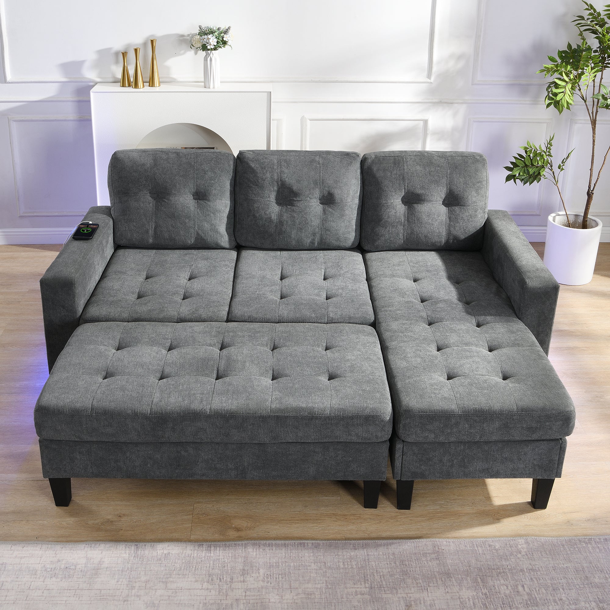 L-Shaped Sofa Set, Multifunctional with Movable Footstool & LED Lighting, Modern Modular