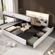 Upholstered Double Bed with LED Lights, Drawers and Slatted Frame, 160x200cm, White PU