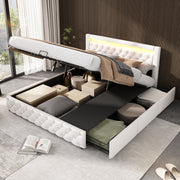 Upholstered Double Bed with LED Lights, Drawers and Slatted Frame, 160x200cm, White PU