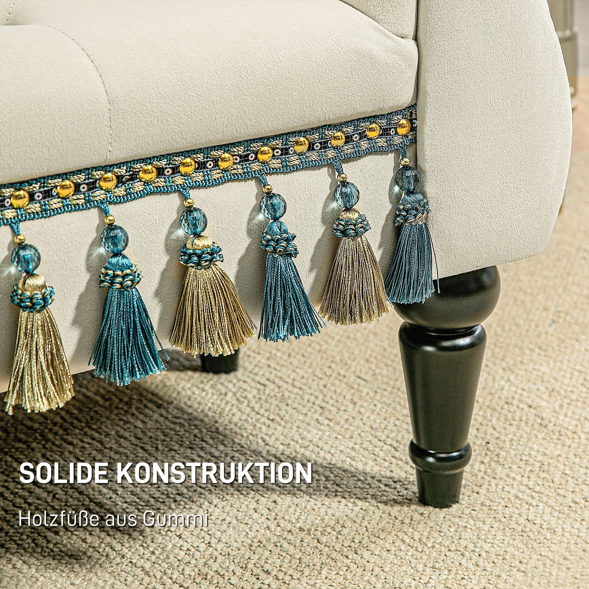 Gepolsterte Bank mit Armlehnen, Vintage-Design, beiger Samt