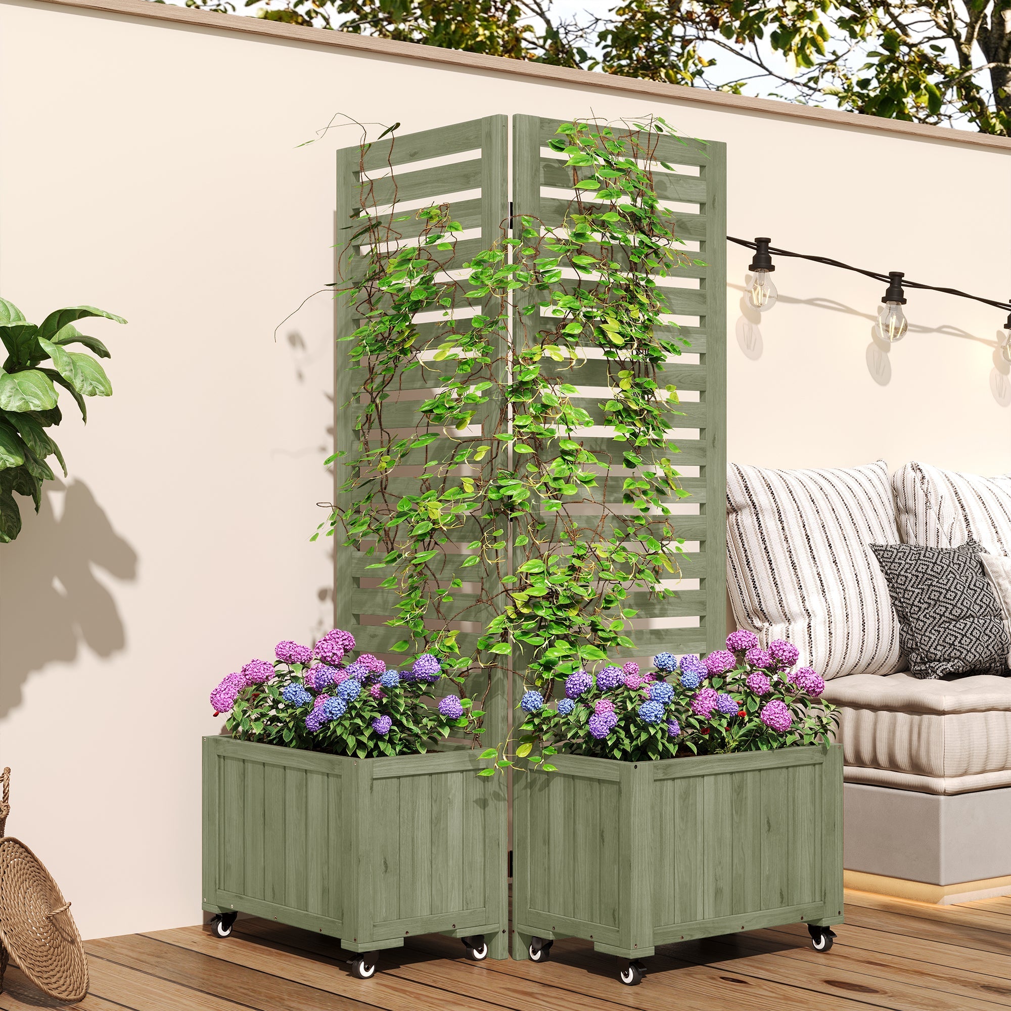 Outdoor Planter Box with Trellis and Folding Universal Wheels