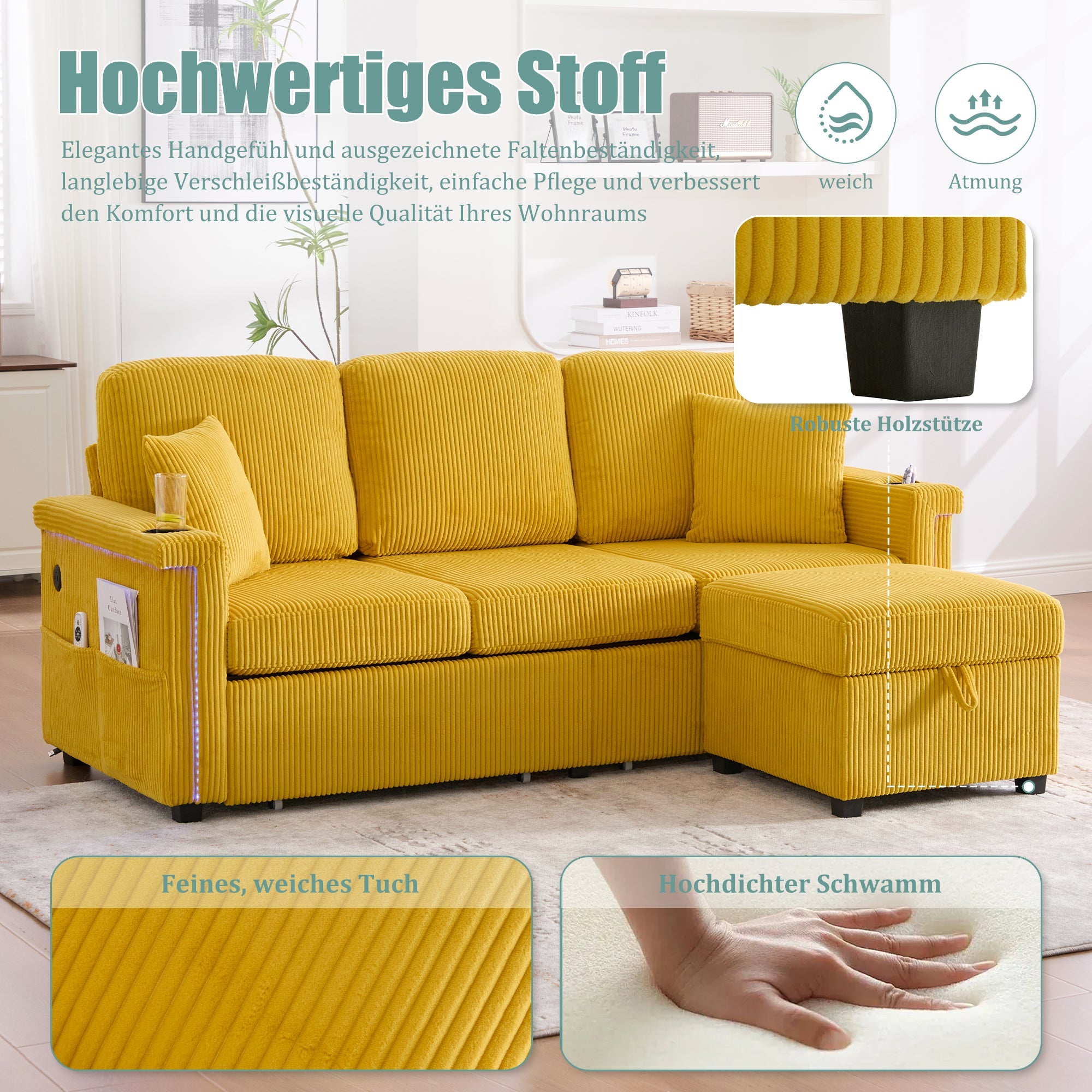 Velvet Sofa, LED Lighting, USB-C Port, Storage Footrest, Cup Holders, Side Pockets, Mustard Yellow