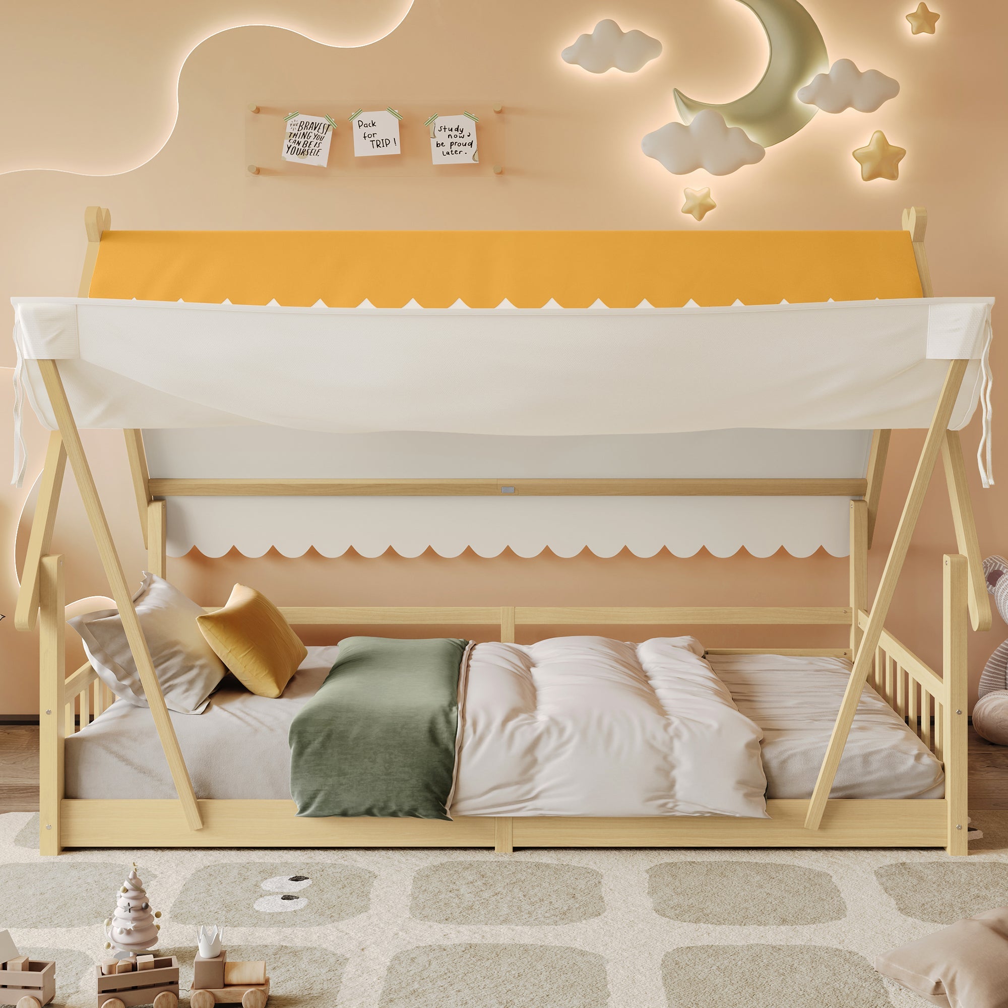 Children's Bed Single, Wooden House Design, Removable Tent, Safety Railing, Pine + Plywood, Natural, 90x190cm