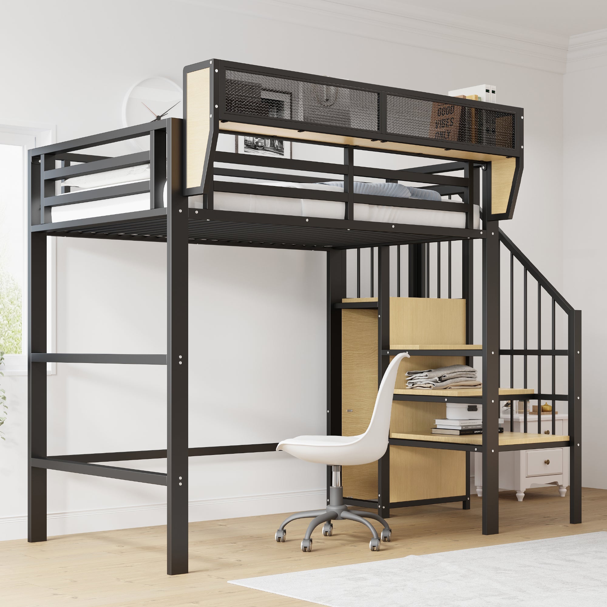 Loft Bed 90x200 with Safety Ladder Storage Bunk Metal, Black
