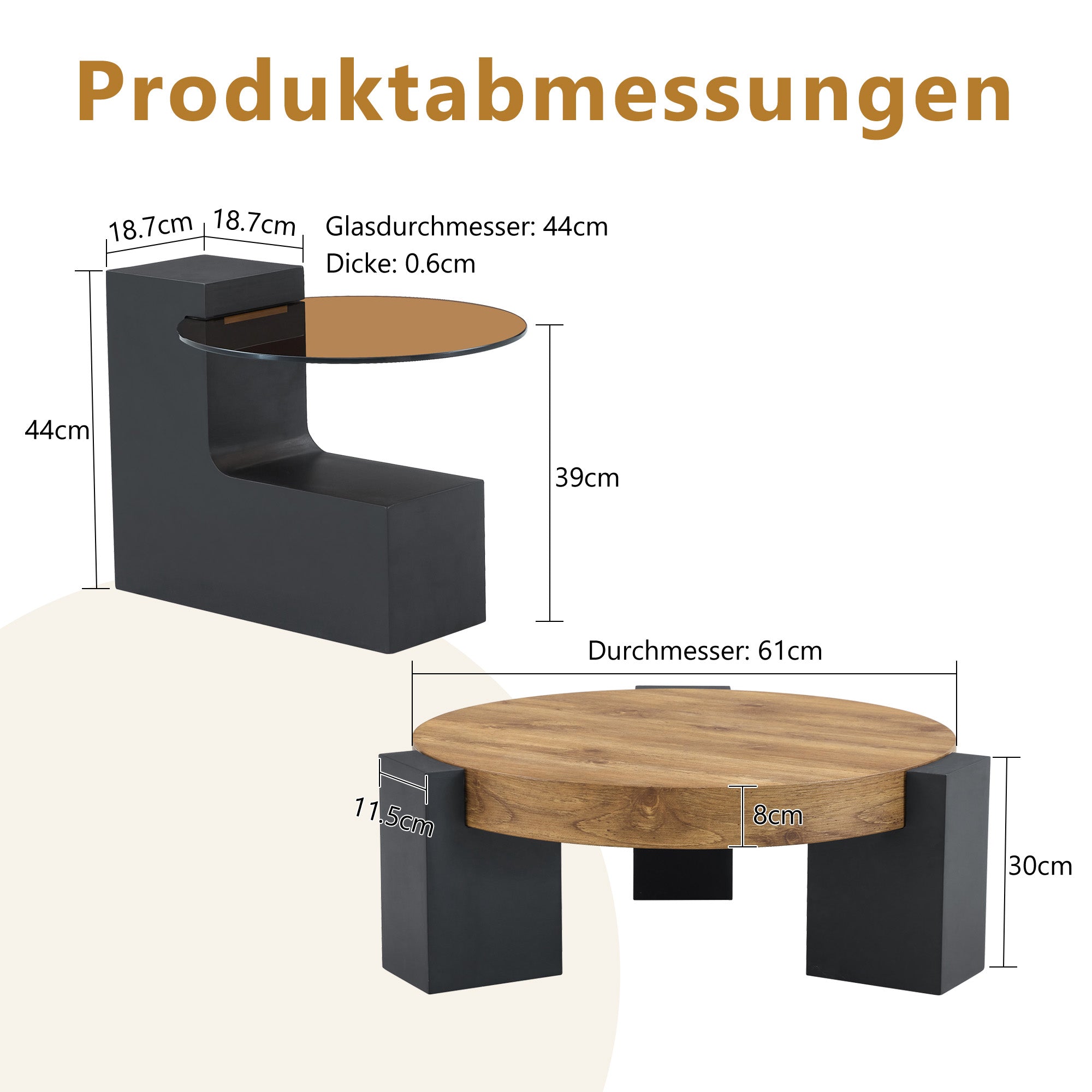 Round Coffee Table Two-Tier Detachable Transparent Brown Glass Top Black MDF Legs