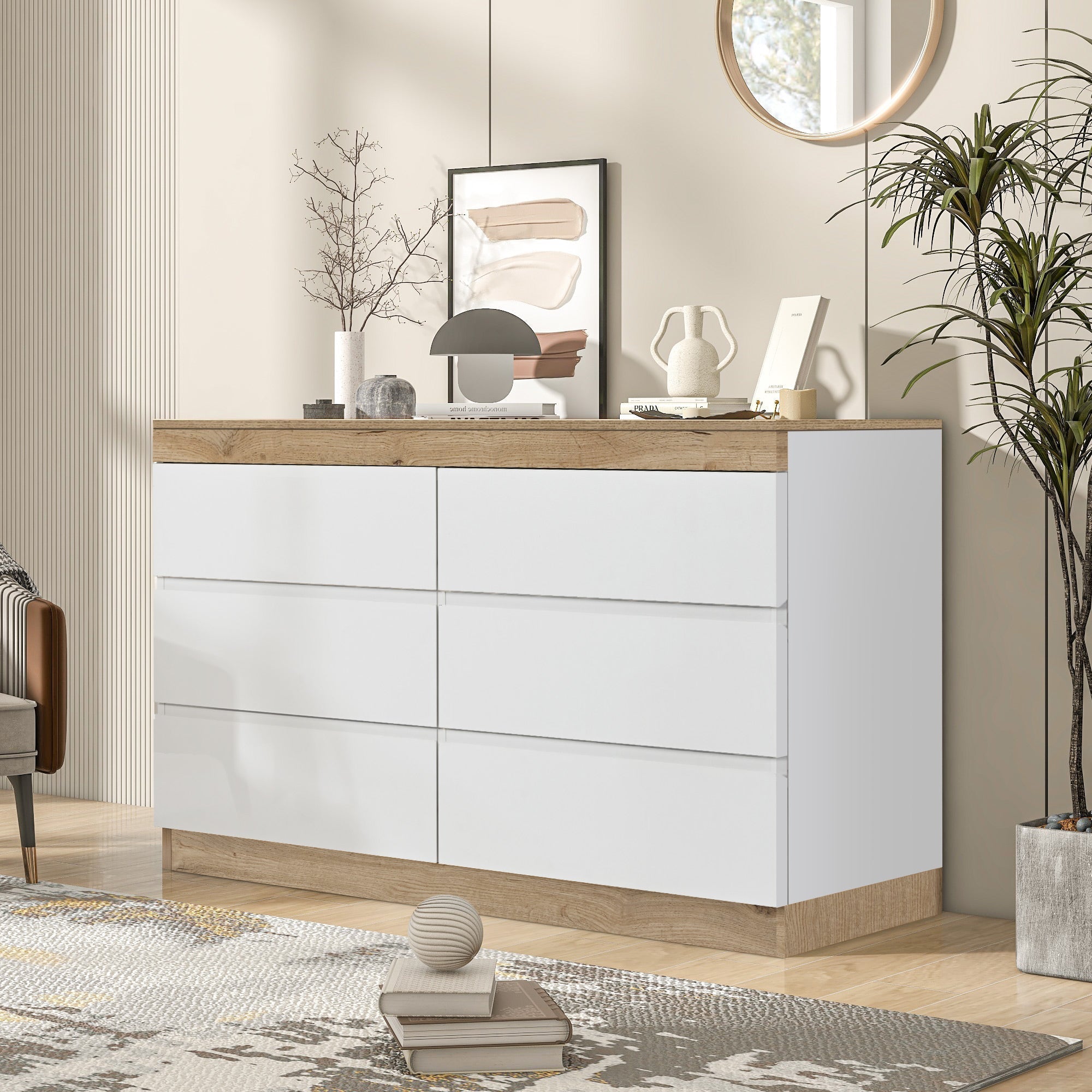 Chest of Drawers with 6 Drawers Lockable Storage for Bedroom & Living Room White/Oak E1 Chipboard