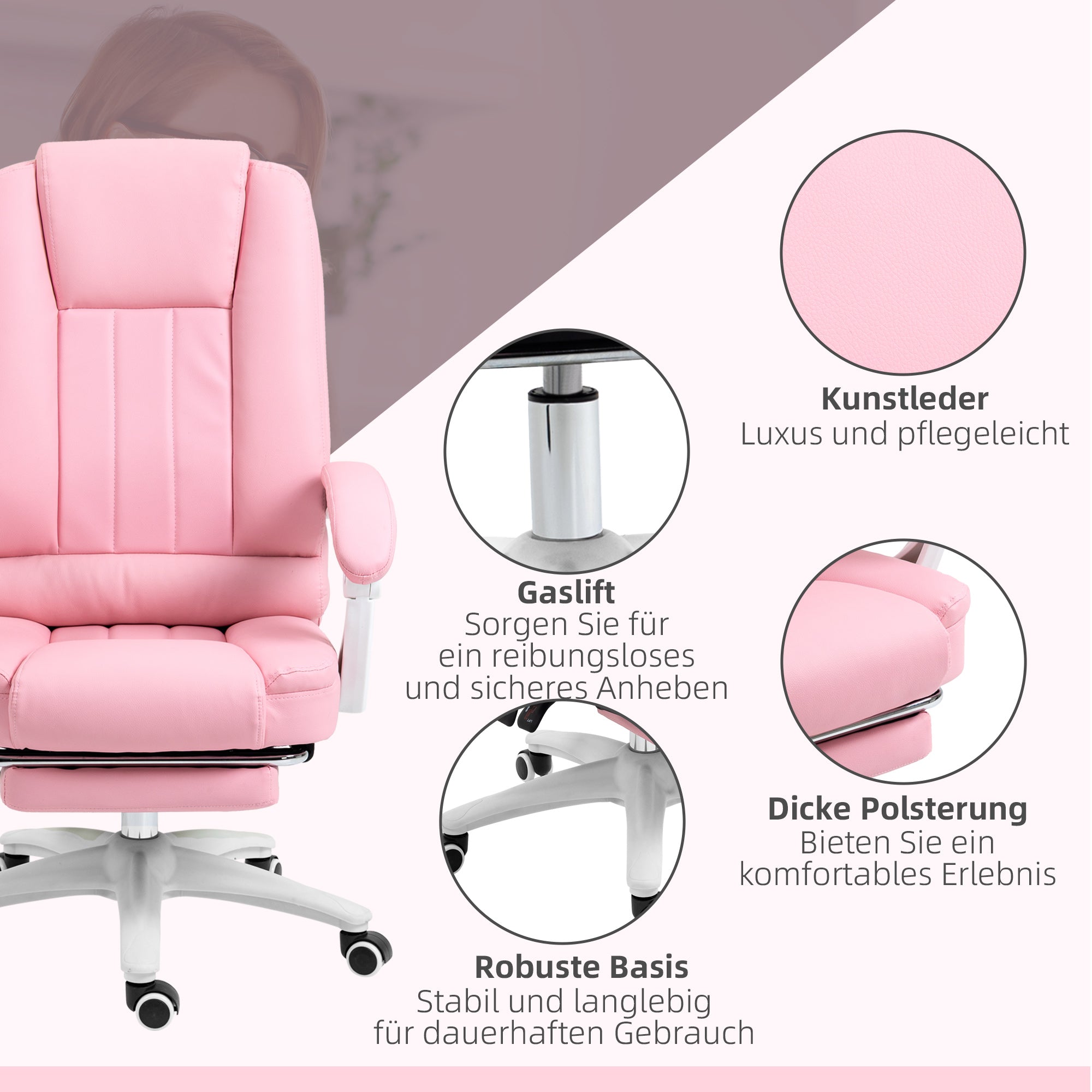 Office Chair Reclining Footrest Casters Adjustable Faux Leather Pink