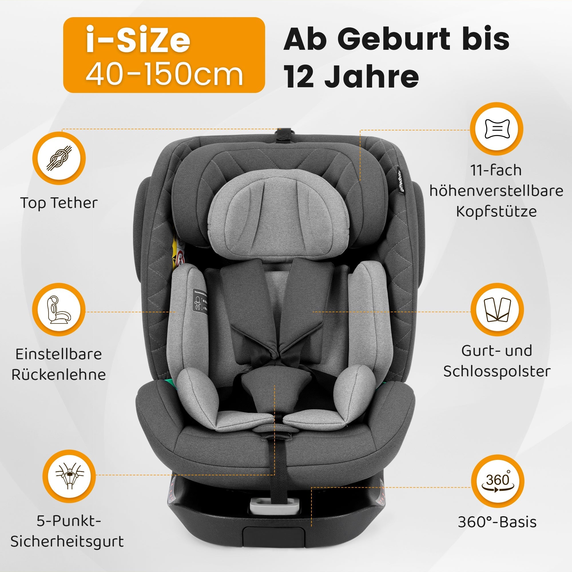 Child Car Seat 360° Rotating i-Size ISOFIX 40-150cm (0-36kg) Grey