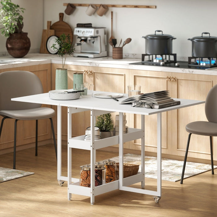 Folding Dining Table, Portable for 2-4 People with Open Shelves, White