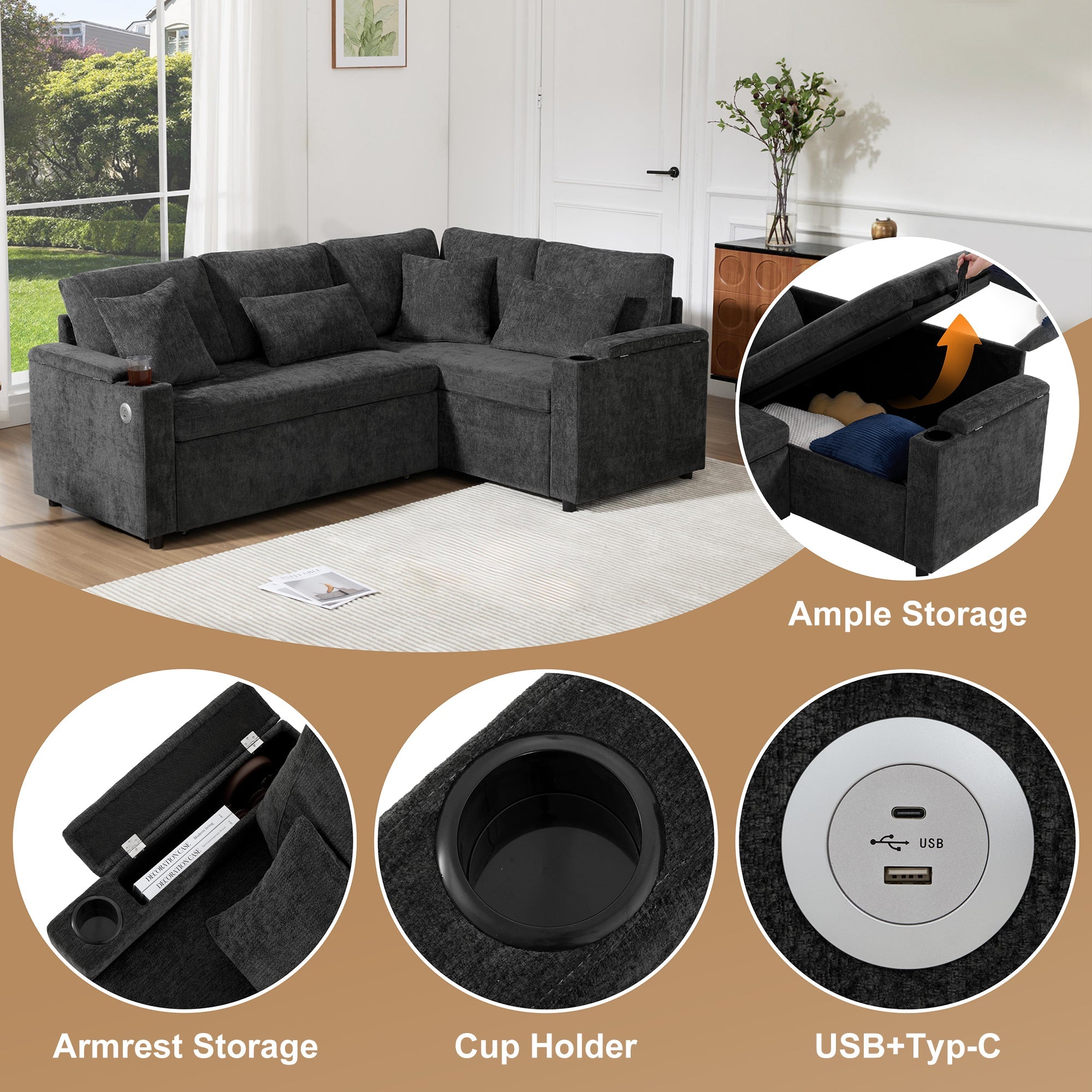 L-Shaped Extendable Sofa, Convertible Chaise Storage USB Cup Holders, Gray