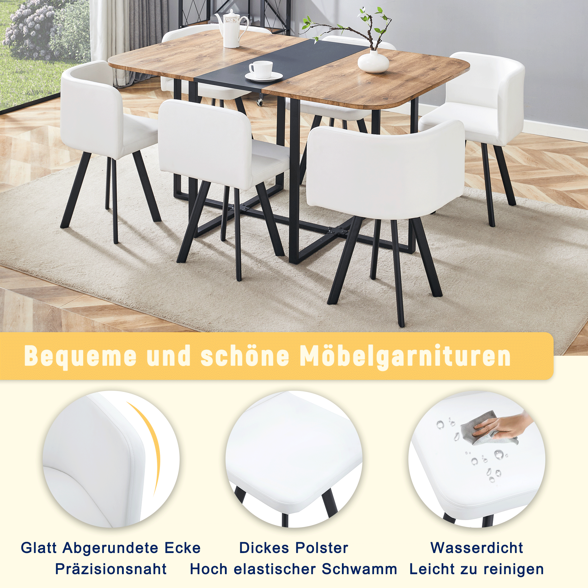 Dining Table Set Extendable Table Stowable Chairs 4-6 Seater - Wood Grain/Black Metal