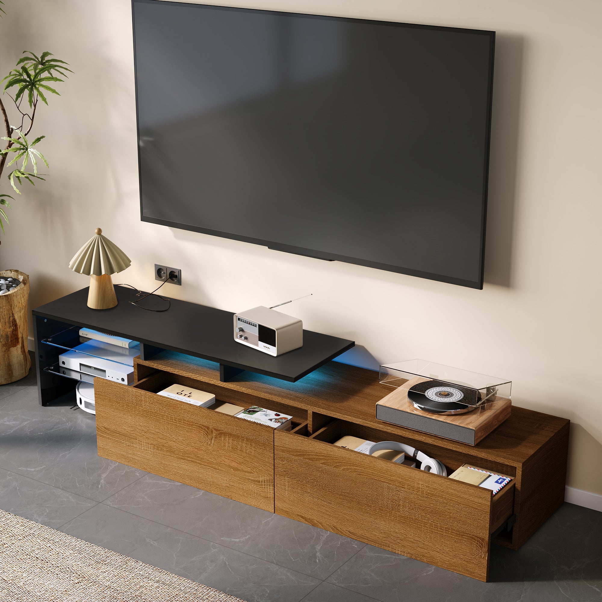 TV Cabinet: Modern, Elegant, Practical Storage, Black Wood Look, Glass, LED