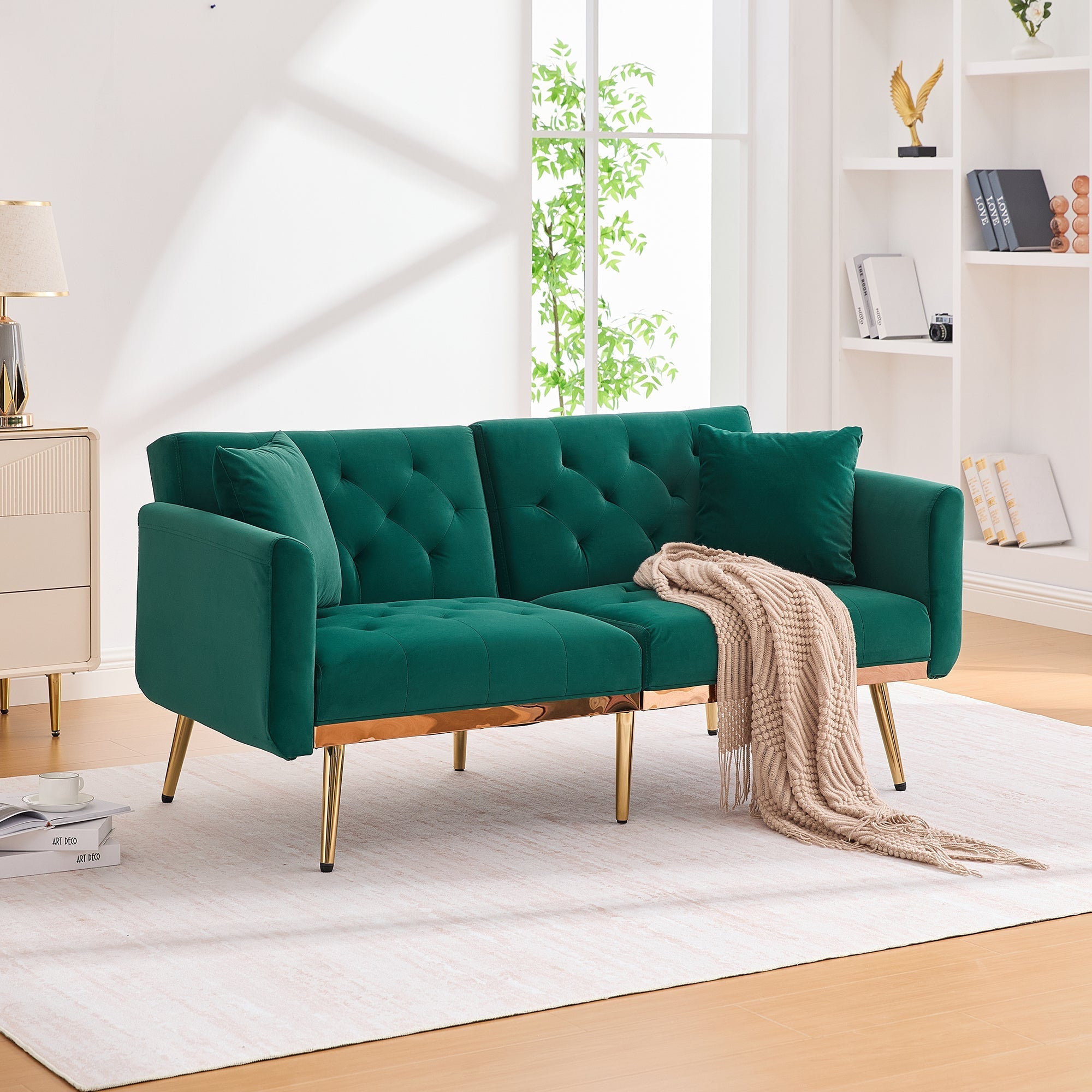 Two-Seater Sofa, Adjustable Backrest Sofa Bed with Metal Legs, Emerald Velvet