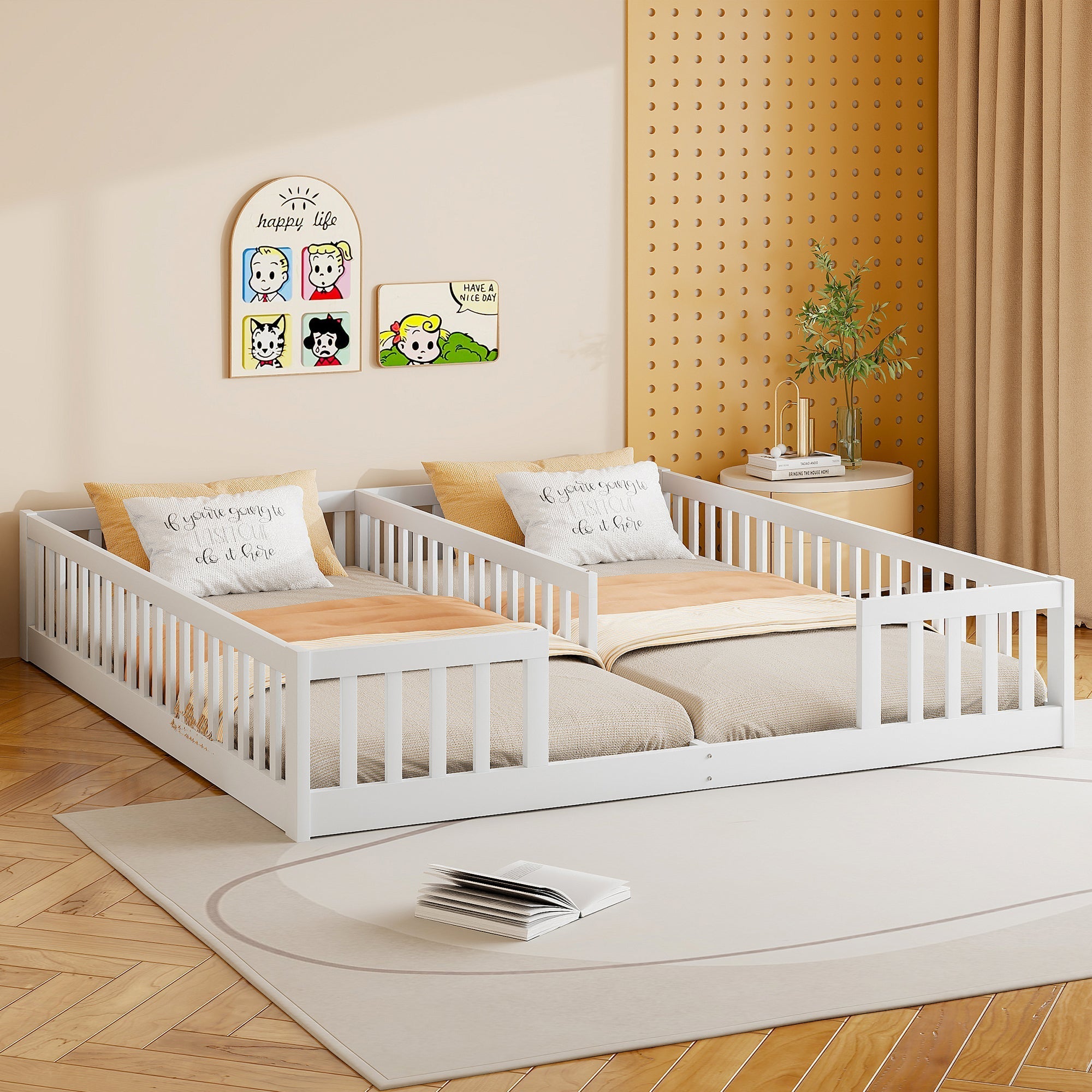Panel Bed with Railing and Slatted Base, 90 x 200 cm, Pine Wood White
