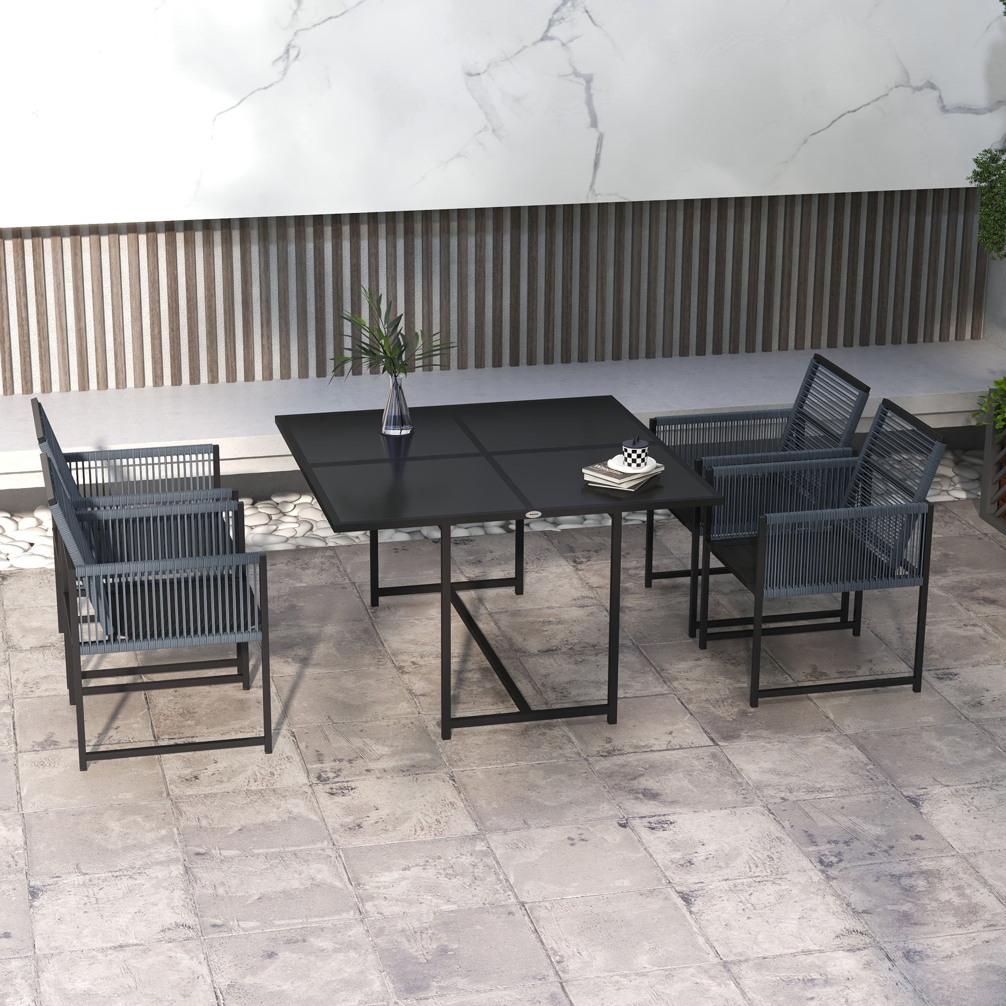 Five-Piece Dining Set with Folding Back Chairs, Metal Dark Grey